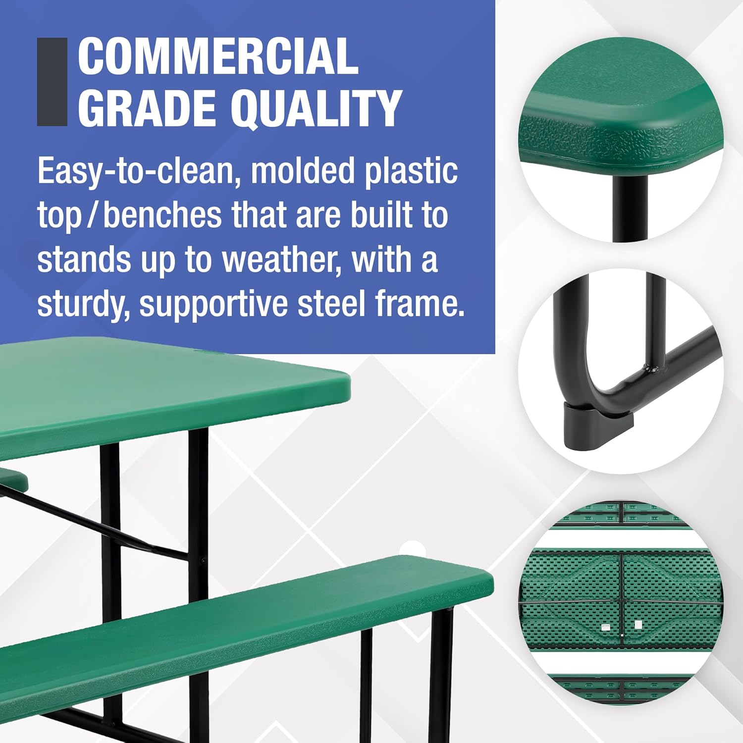 Norwood Commercial Furniture Rectangular Picnic Table with Benches, Blow-Molded Plastic Portable Outdoor Picnic Table, Green