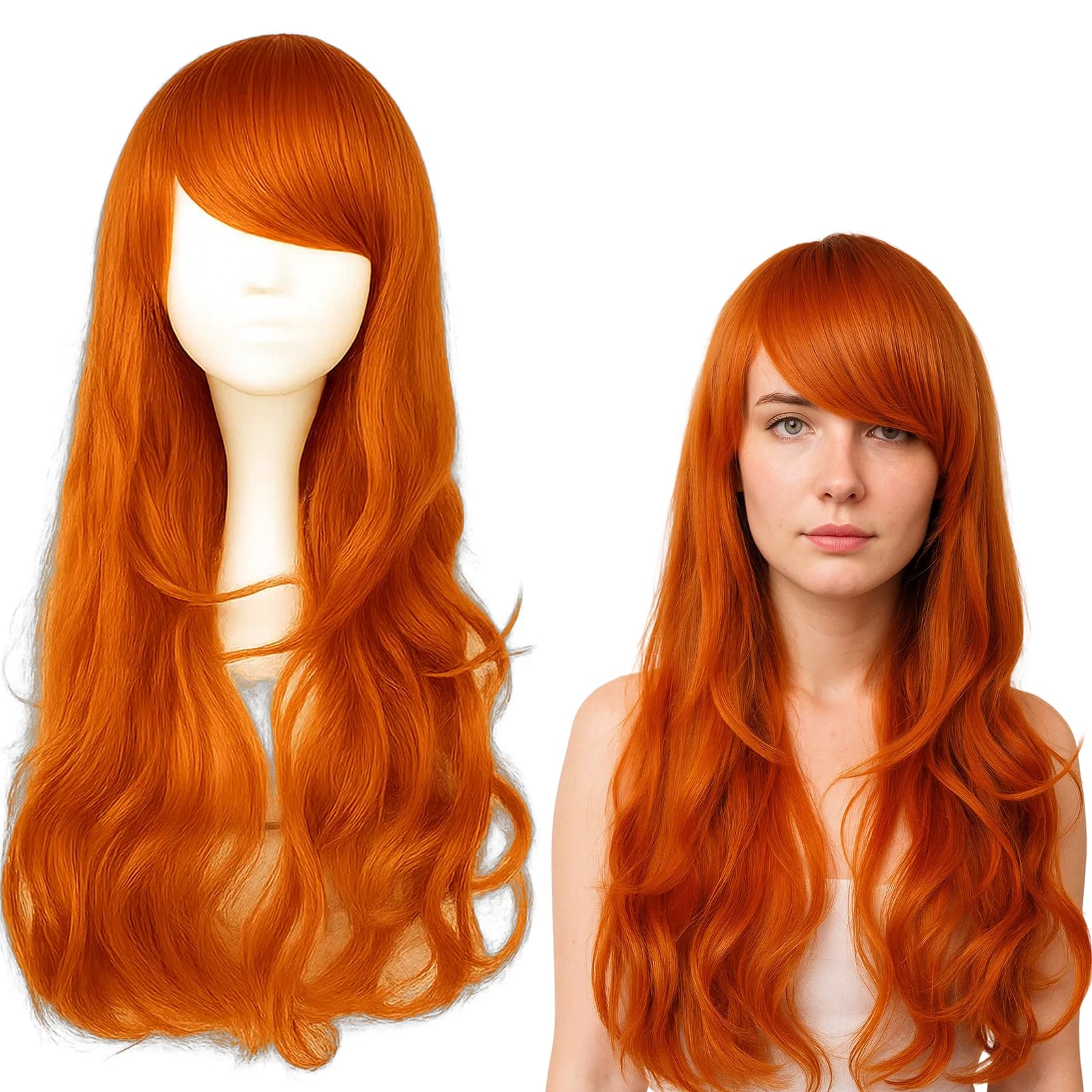 Long Orange Wig, Ginger Curly Wig for Women Anime Cosplay Wigs with Natural Look, 80cm Length for Halloween Parties and Costume Events