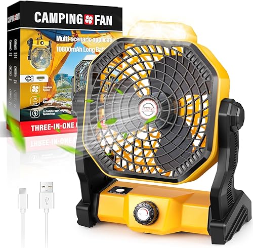 KALEVOL Ventilador de camping portátil con linterna LED, ventilador de batería recargable de 10800 mAh, rotación de cabeza de 270, ventilador de