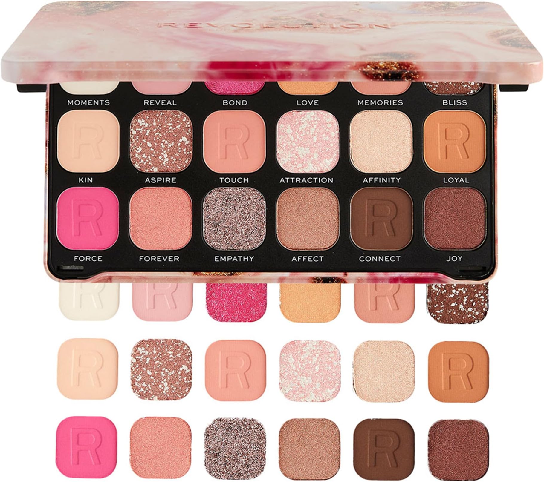 Revolution Beauty, Forever Flawless Eyeshadow Palette, 18 Pigmented Shades, Neutral & Pink Pressed Powder Mattes, Shimmers, Glitters, Affinity, 15 X 0.04 Oz.