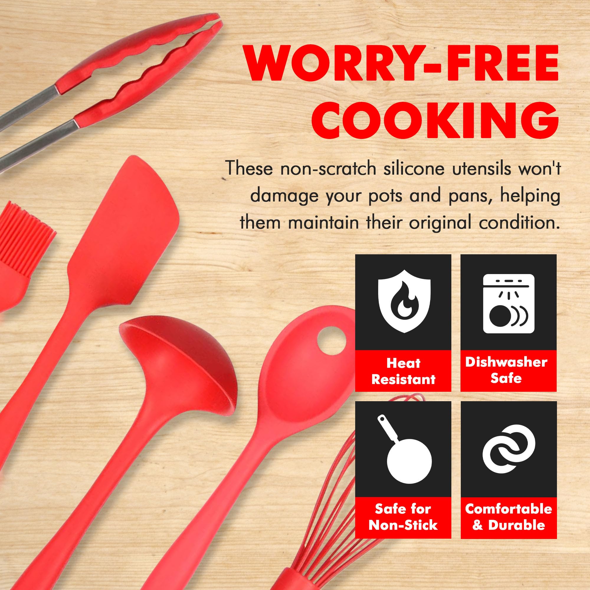 Chef Craft Juego de utensilios y utensilios de cocina de silicona premium, 9 piezas, color rojo
