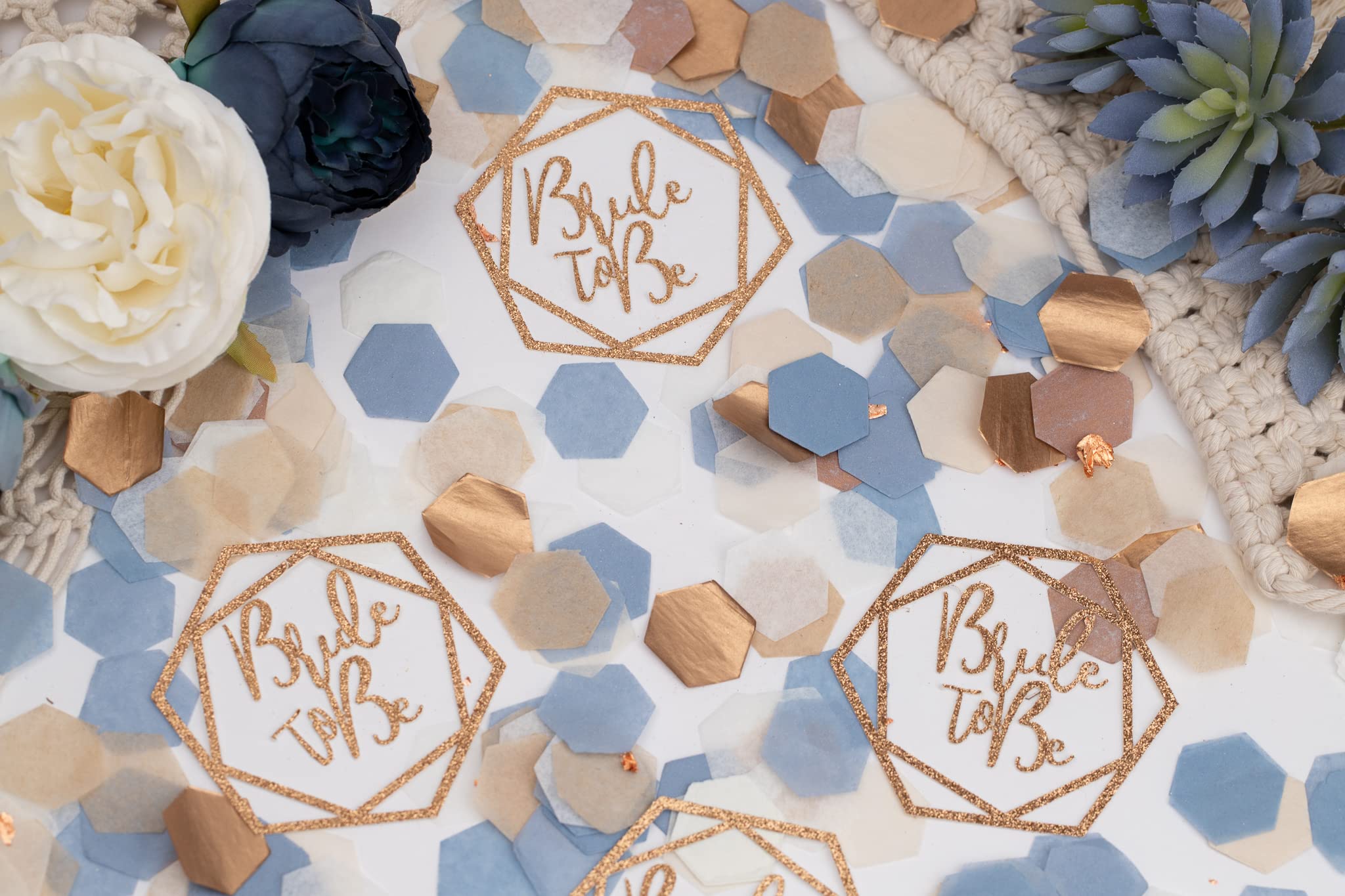 Dusty Blue Bridal Shower Decor, Bridal Shower Table Decor, Bride To Be Confetti (Dusty Blue and Copper, Bride to Be with Hexagons)