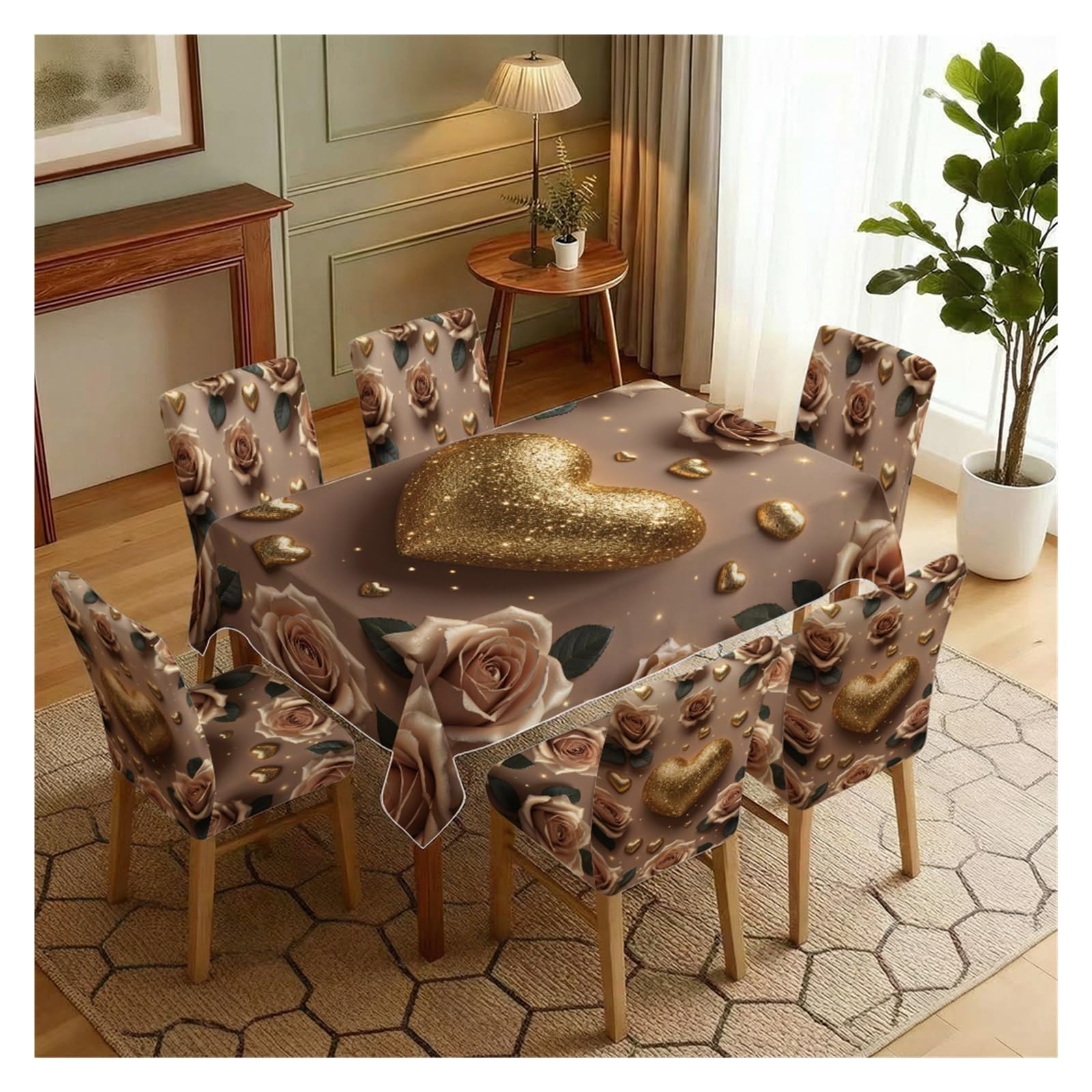 KXUAUV Stretch Dining Chair Slipcover & Tablecloth Set, Champagne Rose Golden Heart Print, 5/7 Pack, Romantic Luxury Elegant Home Decor Party Decor(7pcs Set: Tablecloth+Chair Covers)