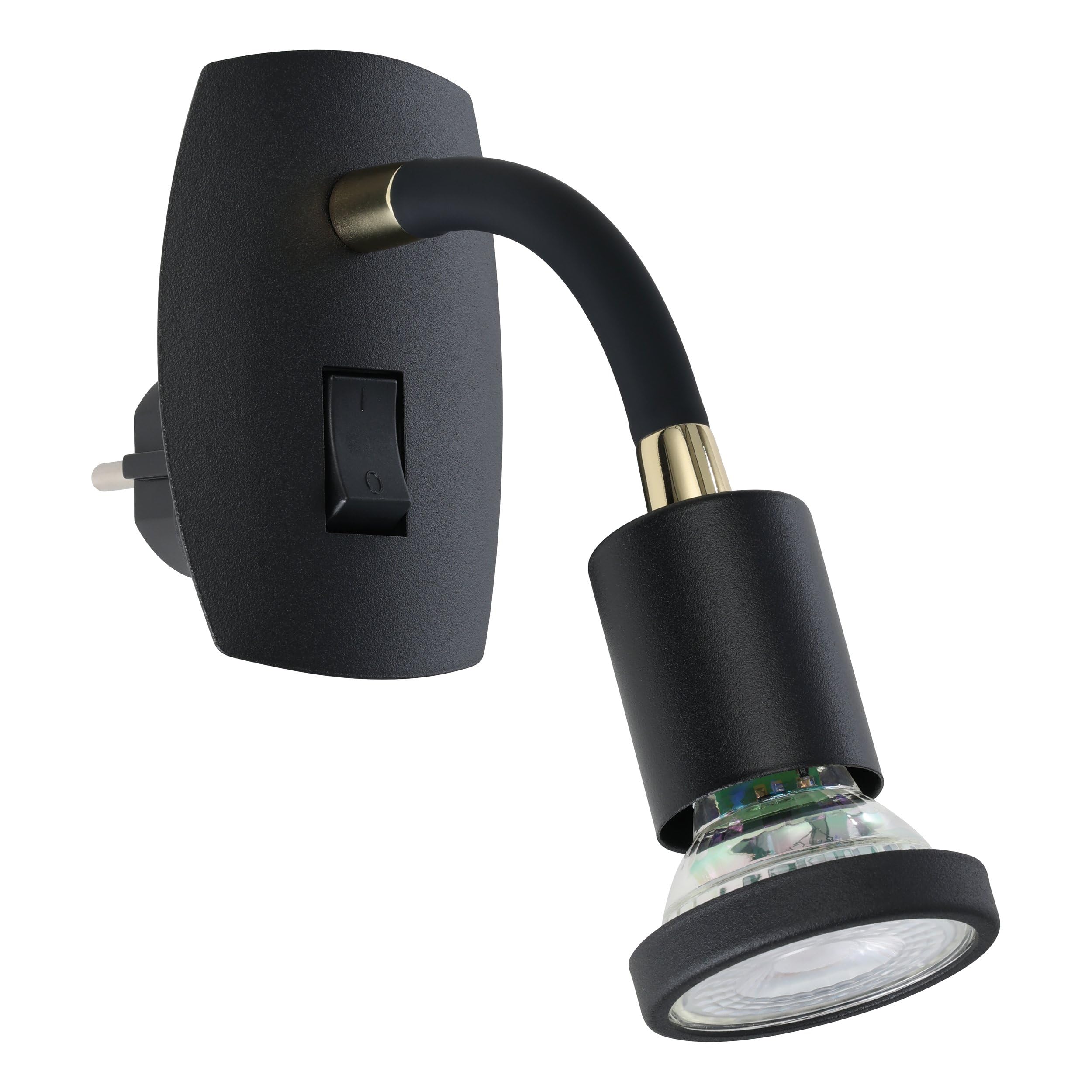 Eglo Plug Lamp Parrini, Socket Light with Switch, Swivel Spotlight and Flexible arm, Metal Plastic in Black Brass, Warm White