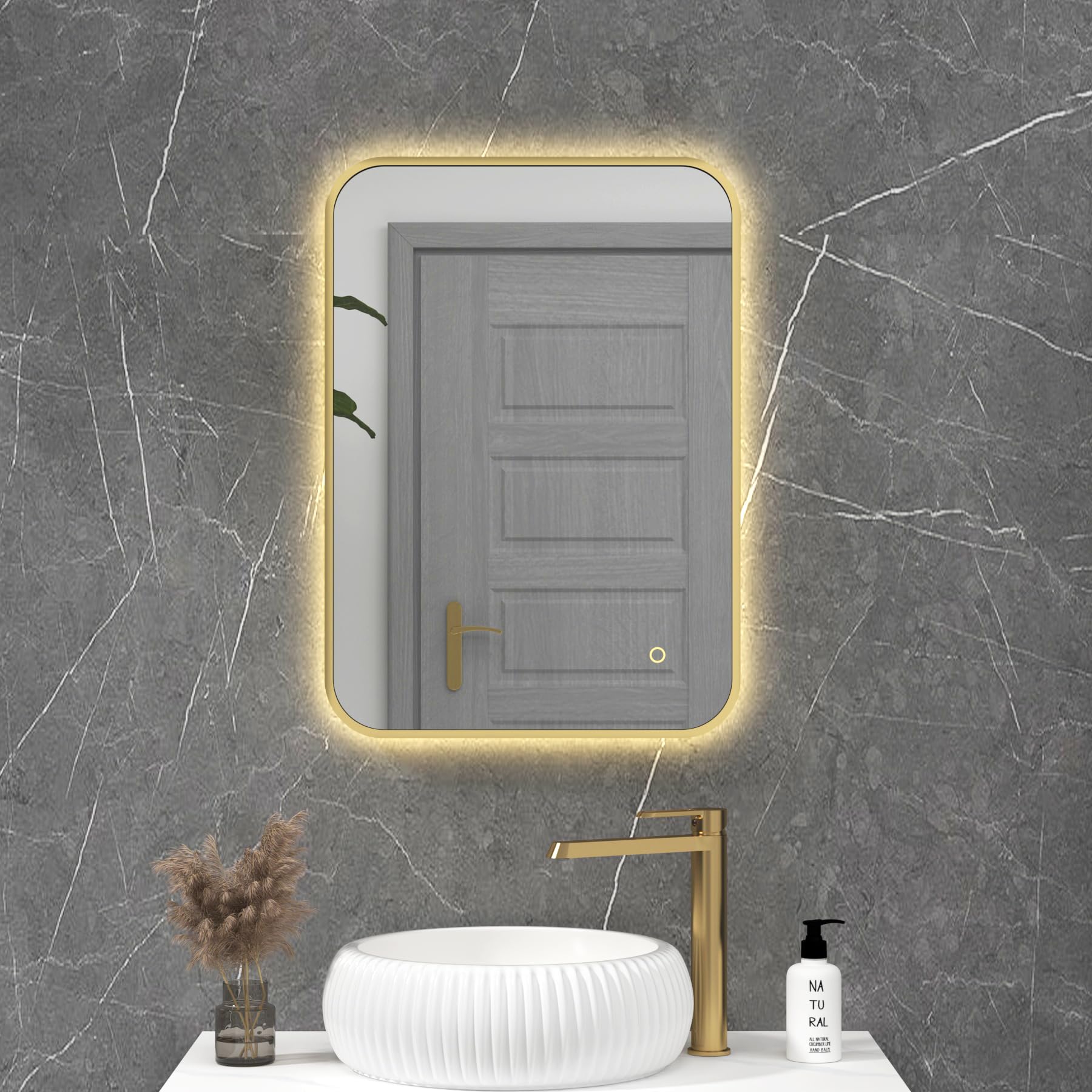 Royal Bathrooms Luton 700 x 500mm Wall Mounted Bathroom Mirror with LED Lights Brushed Brass Frame Illuminated Backlit Dimmable 3 Colors Anti-Fog Rectangular