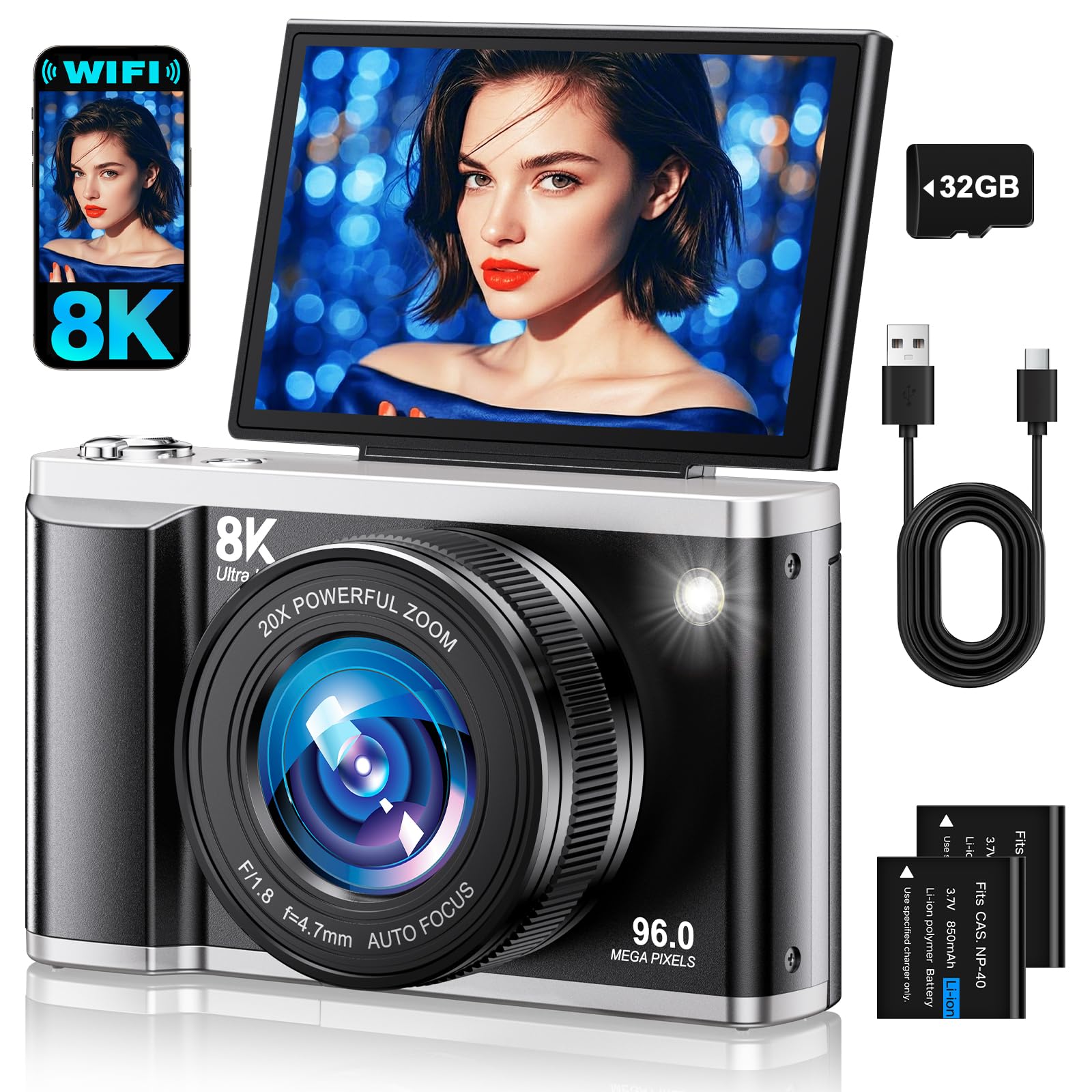 AUREAPIX 8K Digital Camera for Photography with WiFi 96MP Autofocus Vlogging Camera