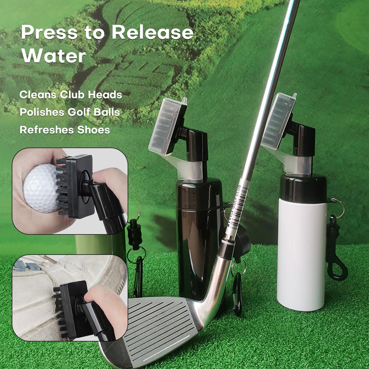 Spazzola per la pulizia delle mazze da golf, 2 pezzi per la pulizia delle scanalature delle mazze da golf con spray integrato per acqua, spazzola per acqua da golf con gancio retrattile in alluminio