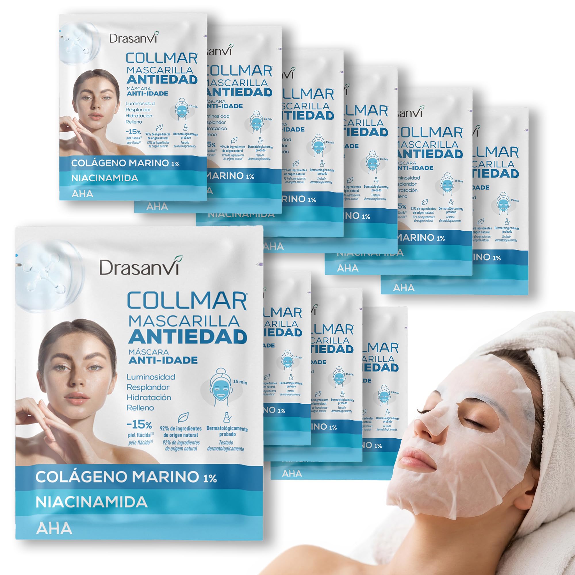 Collagen Drasanvi Collmar Marine Facial Mask With Hyaluronic Acid | Intense Hydration, Firmness And Luminosity, With Niacinamide And Aha - Anti-aging Facial Mask, 10 Units Of 22 Ml