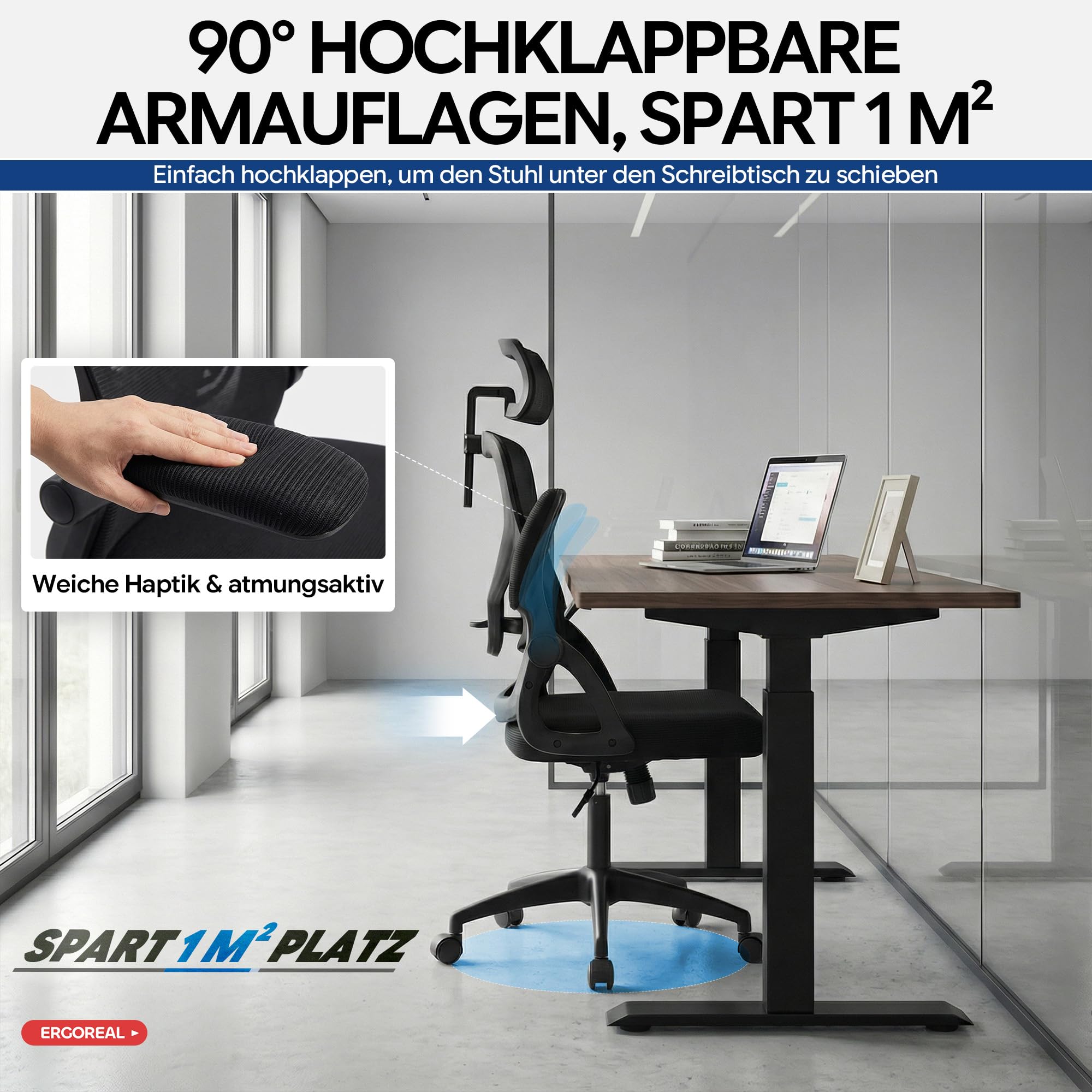 Ergonomischer Mesh-Bürostuhl mit Lendenstütze 2D-Kopfstütze klappbare Armlehnen PU-Rollen Gasfeder Klasse 3 bis 150 kg Schwarz