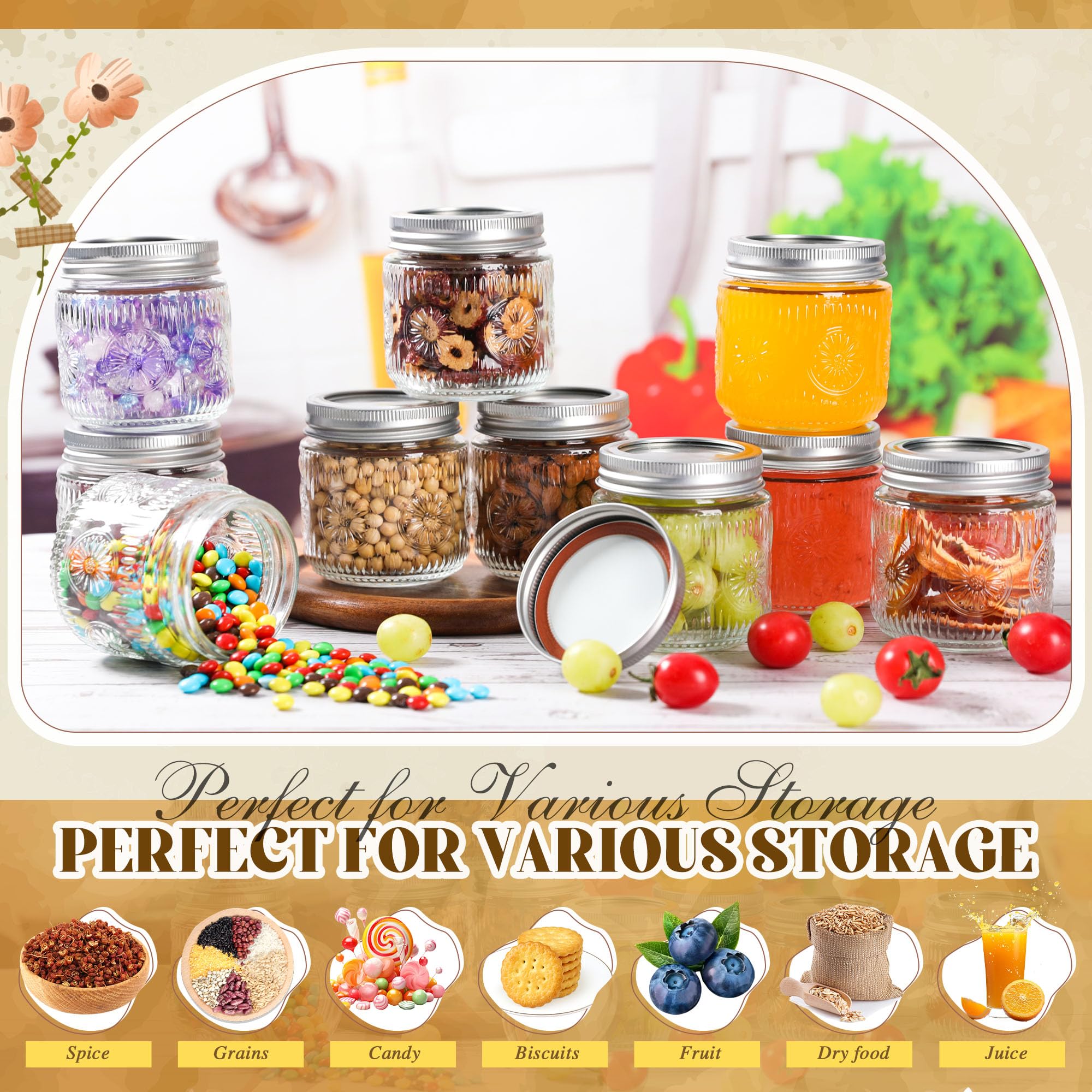 Tarro Mason de 8 onzas, tarros pequeños con tapas plateadas, tarro de conserva de boca regular, seguro para almacenamiento, enlatado, encurtido, conserva, fermentación, manualidades y