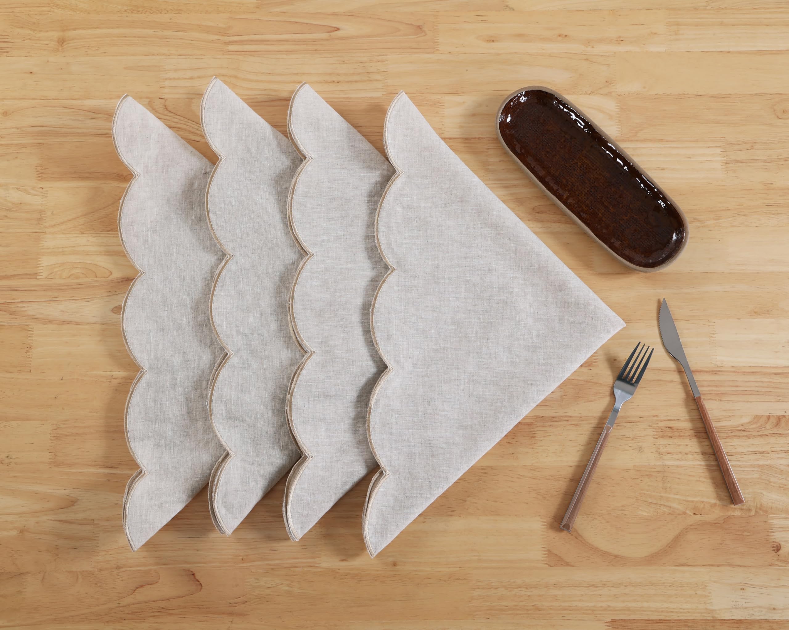 AORISSI 100% Pure Linen Scalloped Embroidery Cloth Napkins