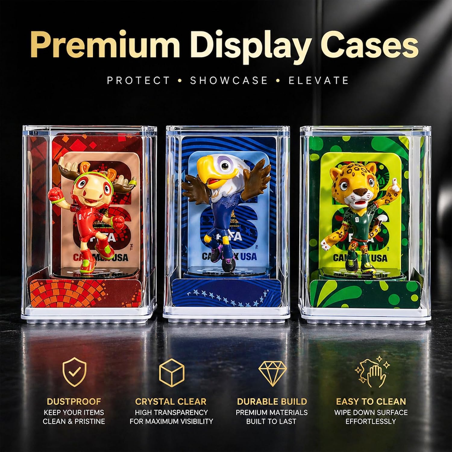 FIFA 2026 World Cup Official Licensed Mascot Figurines Set of 3, 4 Inch (Maple Zayu Clutch) Collectible Figures with Clear Display Cases, Gifts for Men Women Soccer Fans, Sports Collectors
