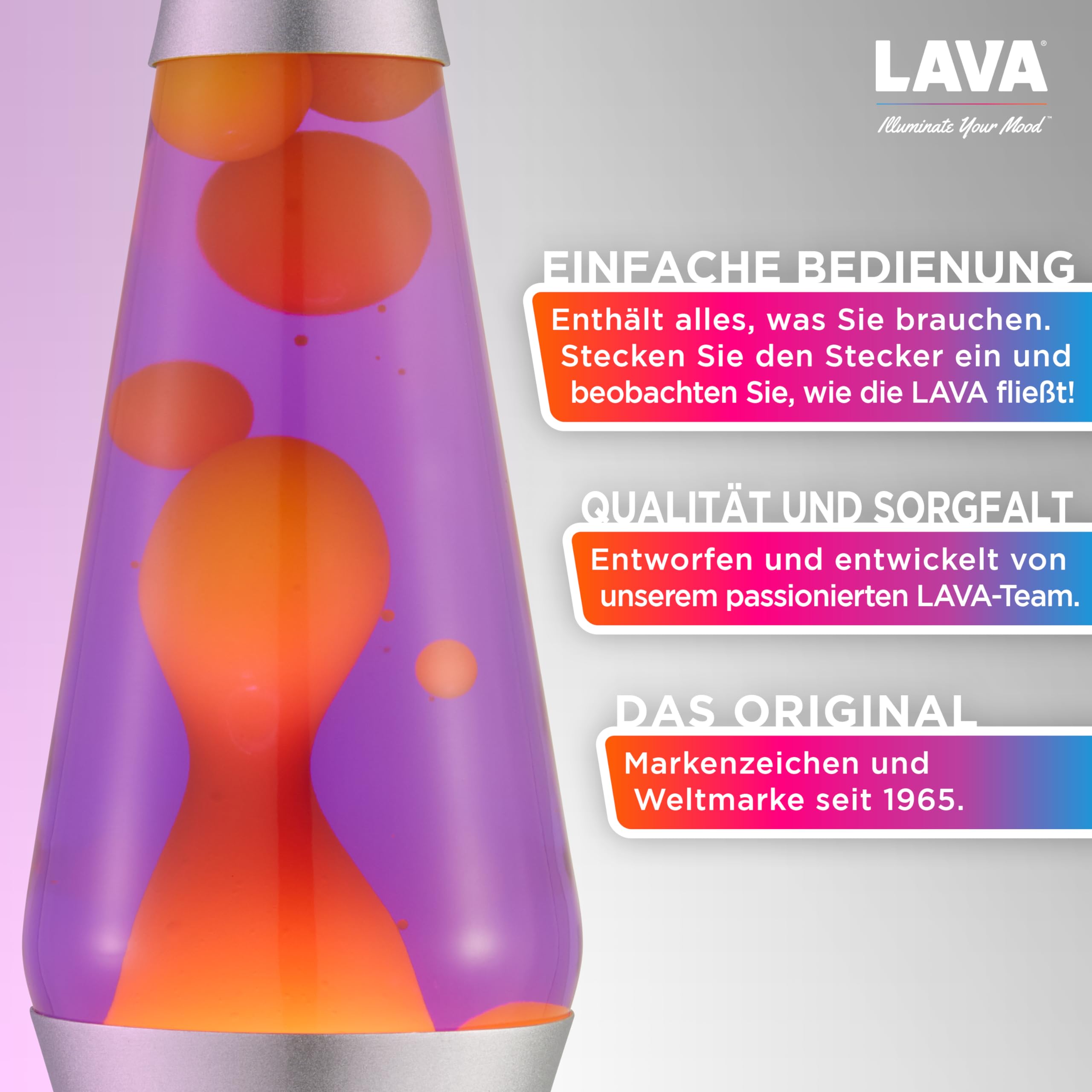 LAVA® Lava Lampe 2125 Original 14,5 Zoll Bewegungslampe gelbes Wachs lila Flüssigkeit silberner Sockel