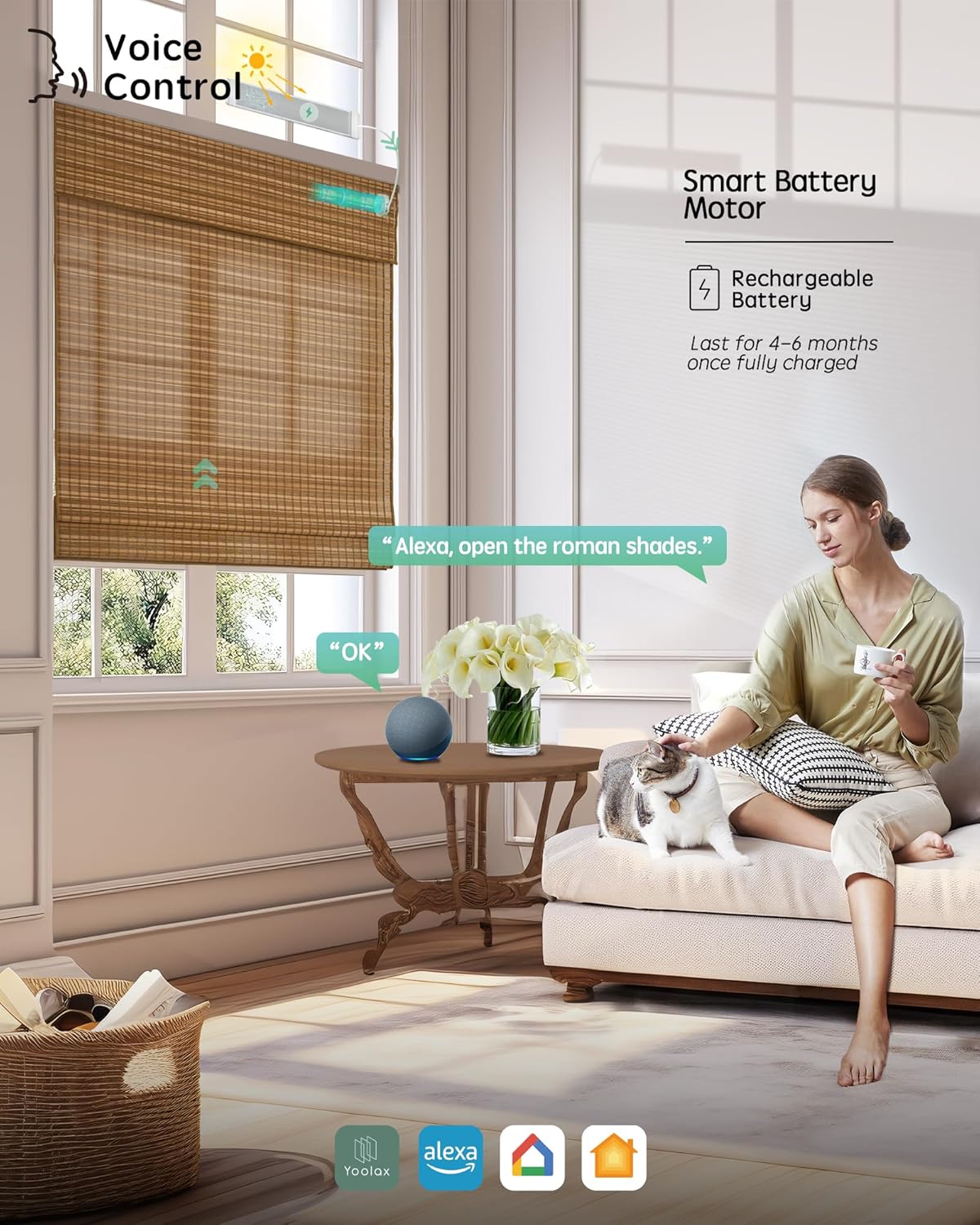 Yoolax Motorized Bamboo Roman Shades with Remote, Smart Roman Shades for Indoor Windows, Automatic Blinds Compatible with Alexa Google Home, Custom Size, Bamboo Wide Light Brown