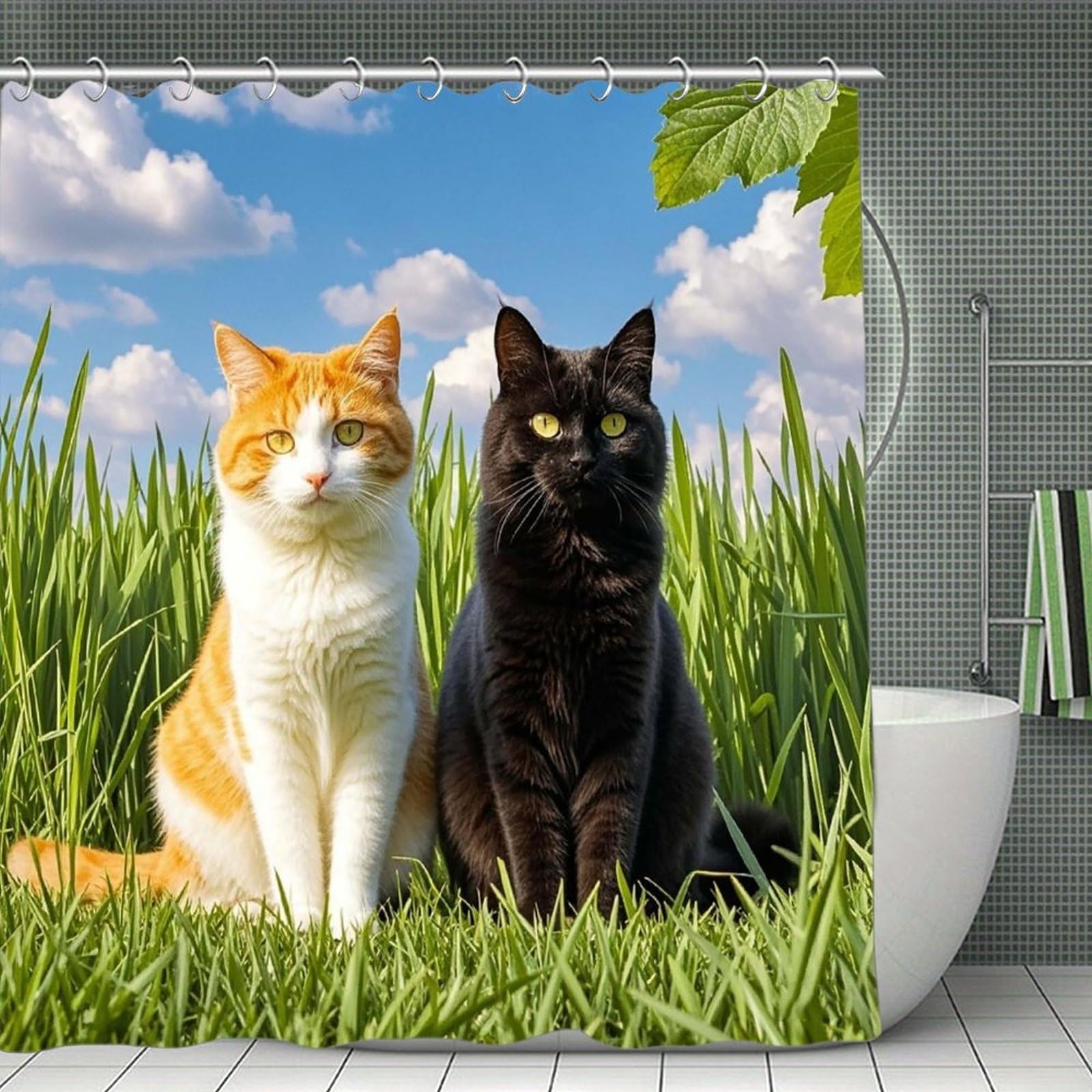 VstaDank Cat on The Grass Shower Curtain 71x71 Heavy Duty Polyester Cloth Bath Curtain with Hooks Thick Waterproof Shower Liner Fun Magic Decorative Bathroom Curtains for Bathtub