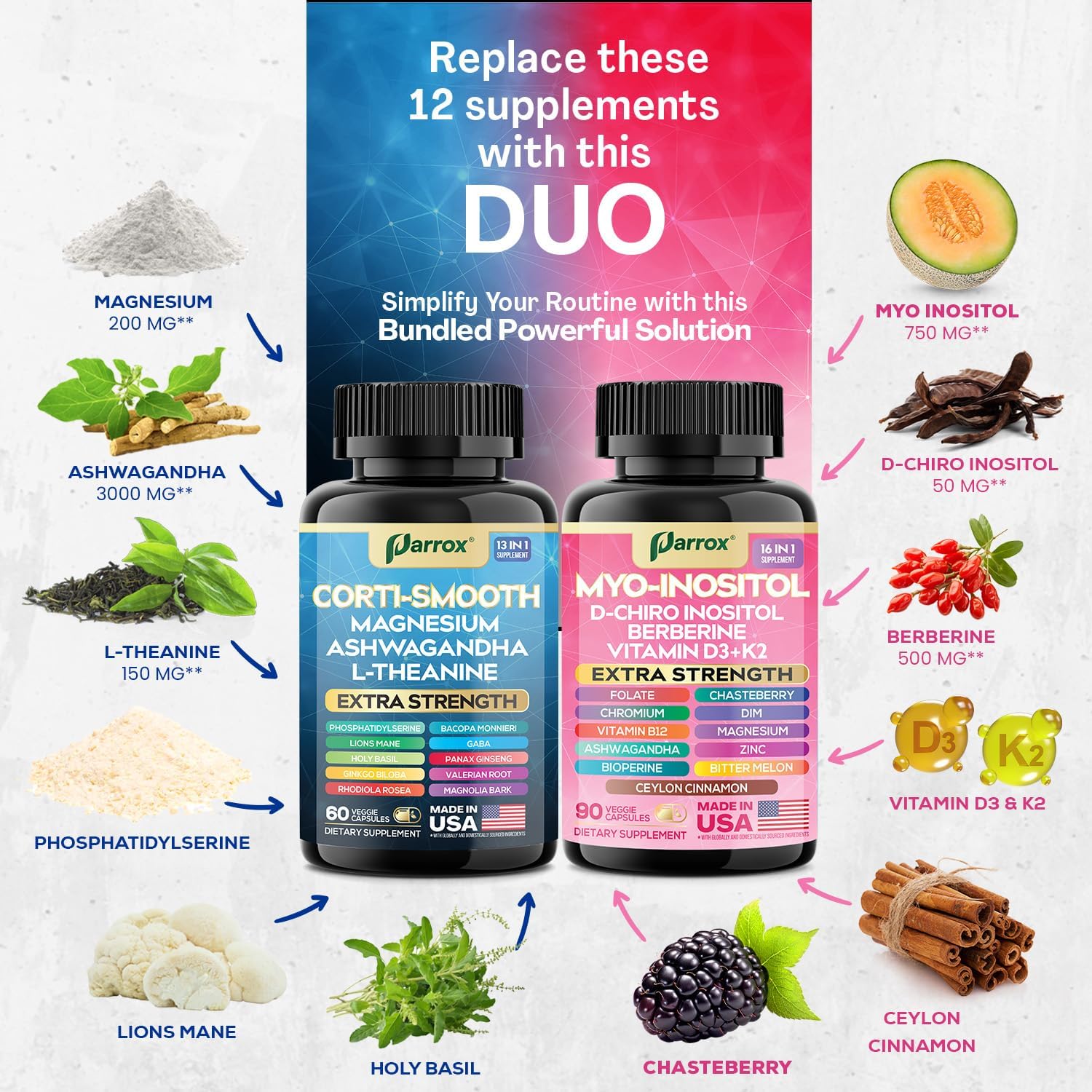 Cortisol & Myo-Inositol Supplement Bundle, Soothe & Smooth Bundle, 13-in-1 Cortisol Balance, Magnesium, Ashwagandha, L-Theanine, D-Chiro Inositol, Folate, Berberine, Chasteberry (150 Capsules) - Image 3