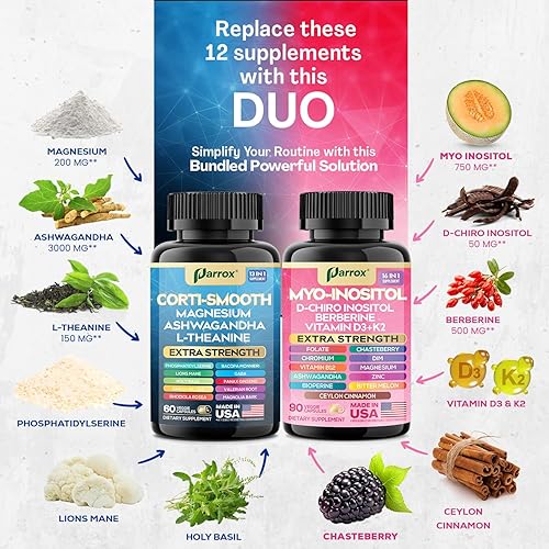 Miniatura 3 de Paquete de suplemento de cortisol y mio-inositol, paquete calmante y suave, equilibrio de cortisol 13 en 1, magnesio, ashwagandha, L-teanina,