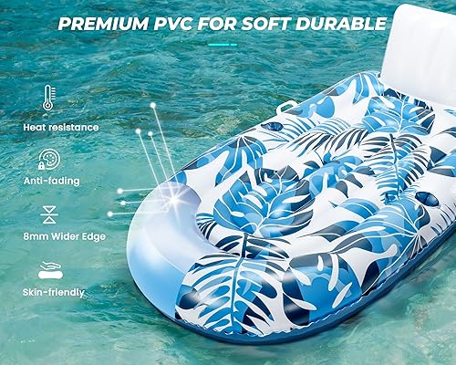 Miniatura 2 de Flotadores de piscina para adultos de 1-2-3 personas, tumbona inflable extra grande, silla reclinable reclinable con respaldo, reposapiés,