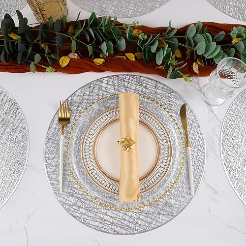 Miniatura 10 de Mabbcoo Juego de 6 manteles individuales redondos dorados de 15 pulgadas, lavables, de vinilo, manteles individuales para mesa de comedor, bodas,