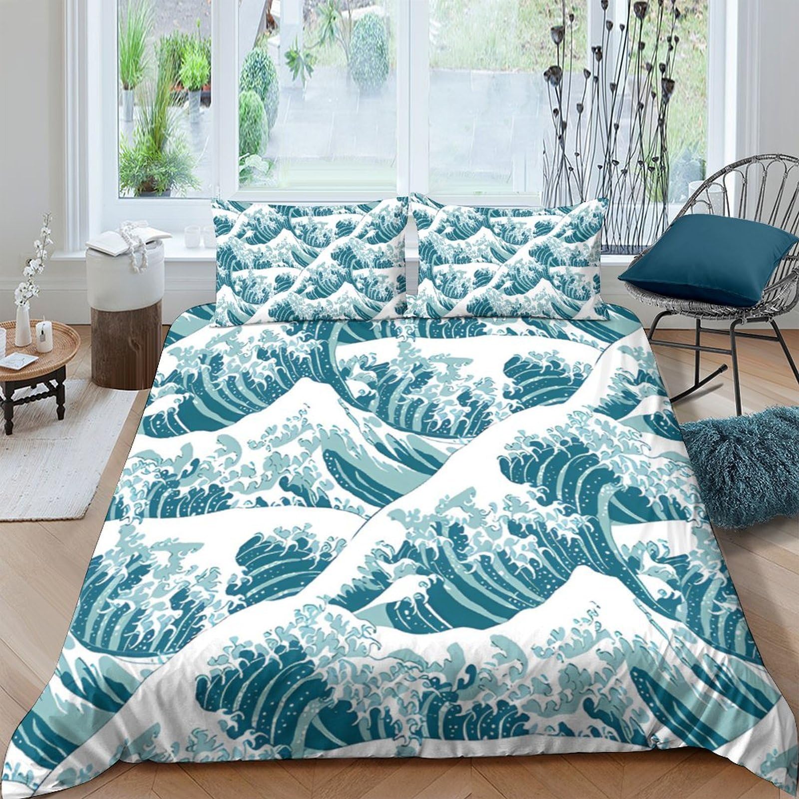 Ctjqhvkz Style-8 3D Printed Great Wave Fitted Sheet Microfiber Teal Ocean Bed Cover For Bedroom Decor Mattress Protection Single（135X200cm）