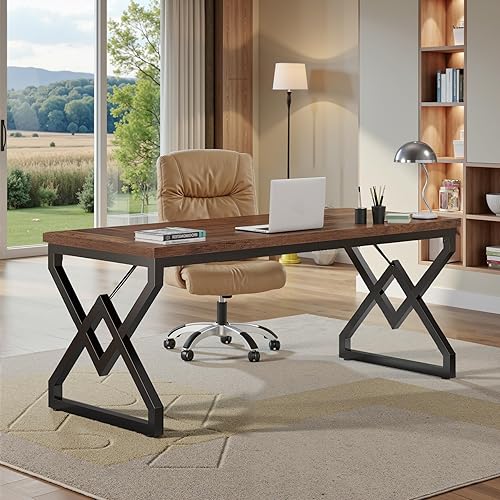 Miniatura 20 de Tribesigns Escritorio ejecutivo de 63 pulgadas, escritorio grande para computadora de oficina con mesa de madera extra gruesa y marco de metal,