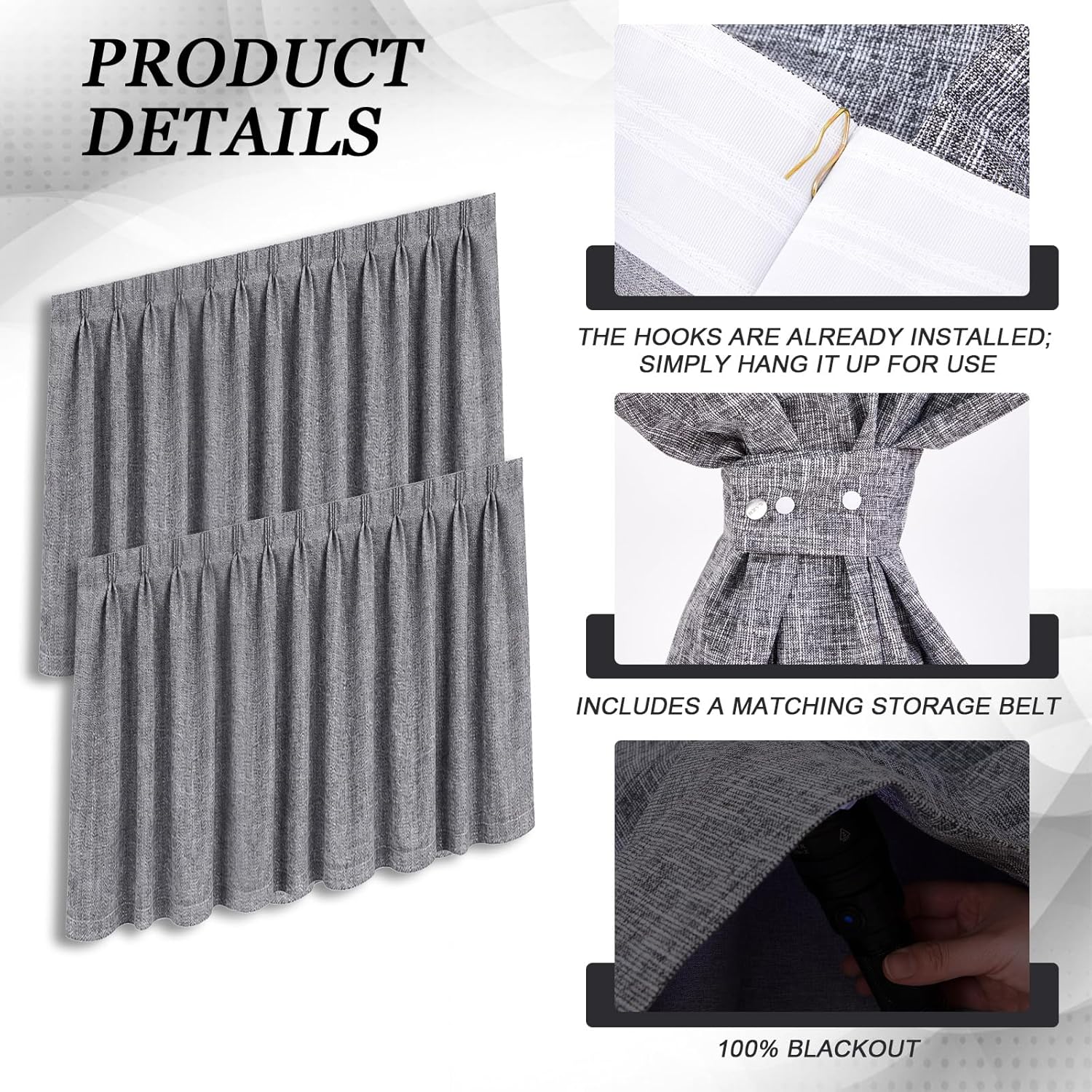 Condition photo showing As Is for tudomro 2 pcs rv windshield curtain set for class a motorhomes, 120 x 40 blackout privacy rv curtain window cover with tiebacks &, thick linen fabric, easy to install(grey,drapery hooks)