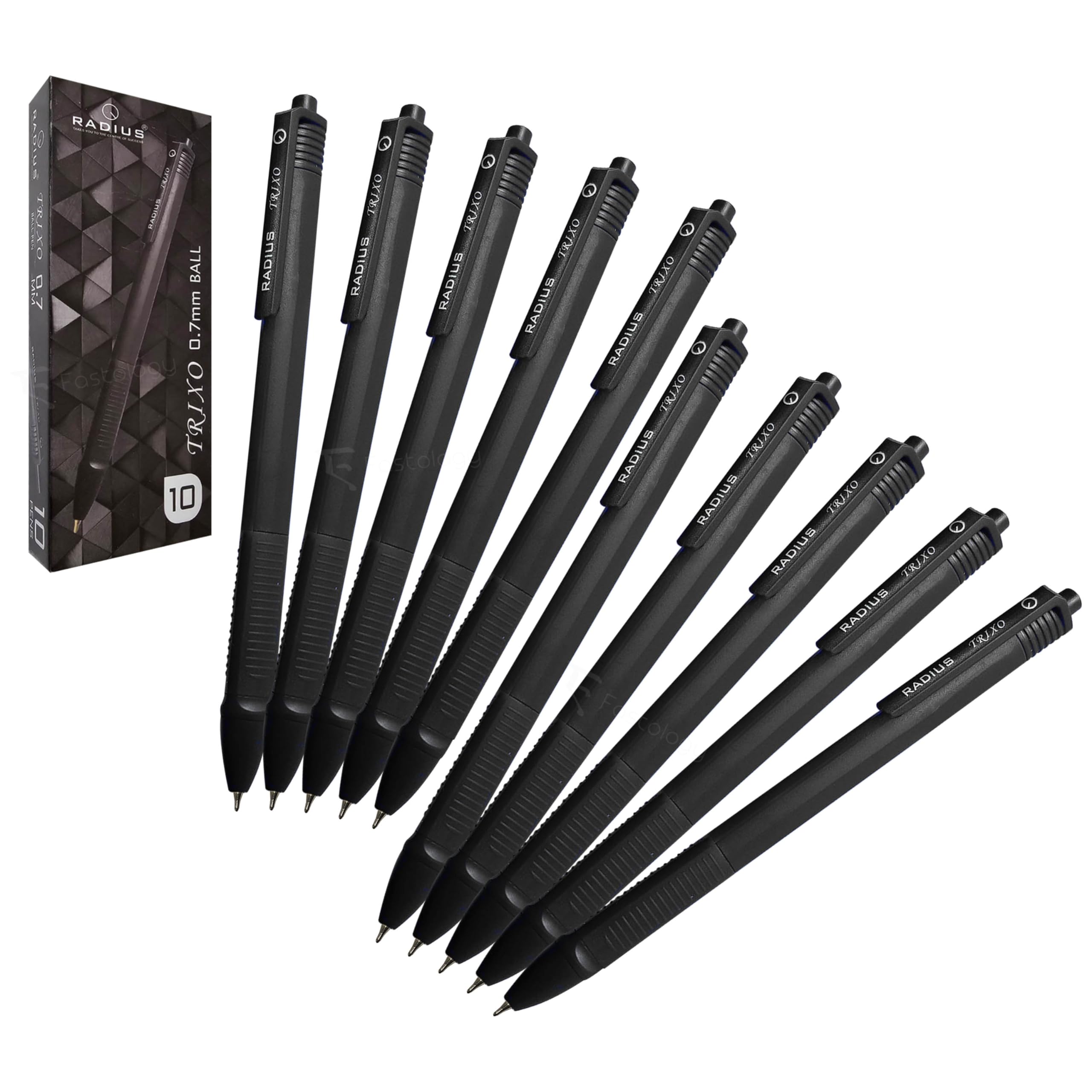 Retractable Ballpoint Pens, 0.7mm Fine Point, BLACK, Pack of 10, RADTri Tri Grip Pens, Everyday Pens for School Office Home, iVAIDEX Black Ball Pen