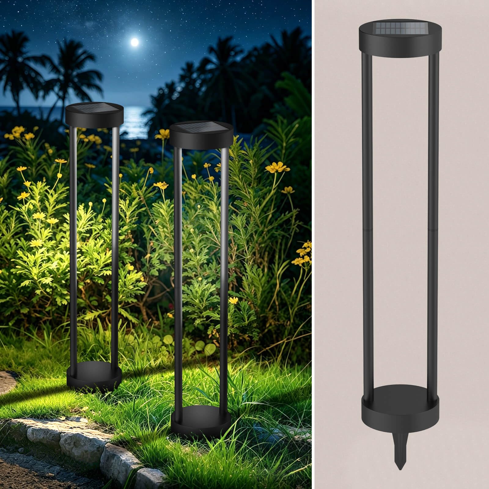 Solar-Pollerleuchten für den Außenbereich, 61 cm hoch, Edelstahl und Eisen, wasserdicht, Solar-Landschaftslicht für Hof, Garten, Gehweg, 4 Stück