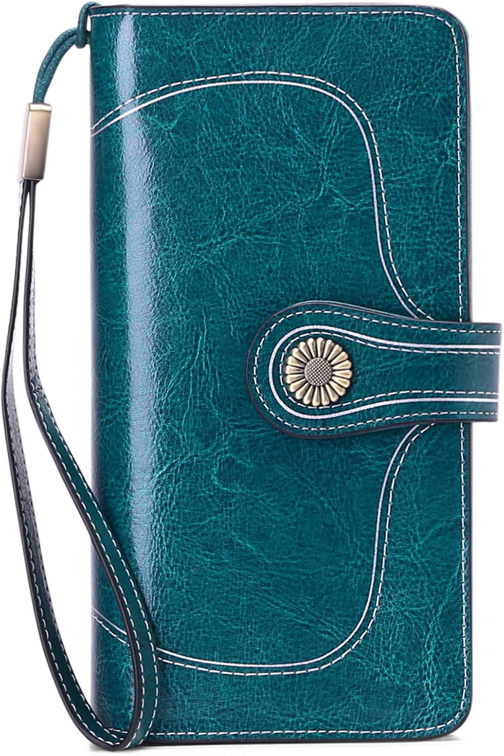 Leather Wallet for Women Clutch with Strap 24 Card Slots 2 ID Windows 2 Cash Compartments Zipper Pocket Credit Card HolderRFID BLOCKINg Large Capacity Wristlet with Gift Box (Blue)