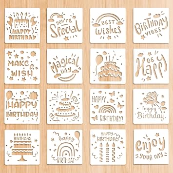 16 Pieces Happy Birthday Stencil for Cakes, 5.9x5.9 inch Happy Bithday Drawing Templates, Reusable Bithday Cake Stencils, Birthday Stencils for Painting