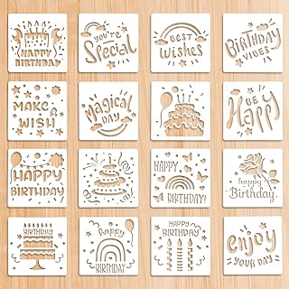 16 Pieces Happy Birthday Stencil for Cakes, 5.9x5.9 inch Happy Bithday Drawing Templates, Reusable Bithday Cake Stencils, Birthday Stencils for Painting