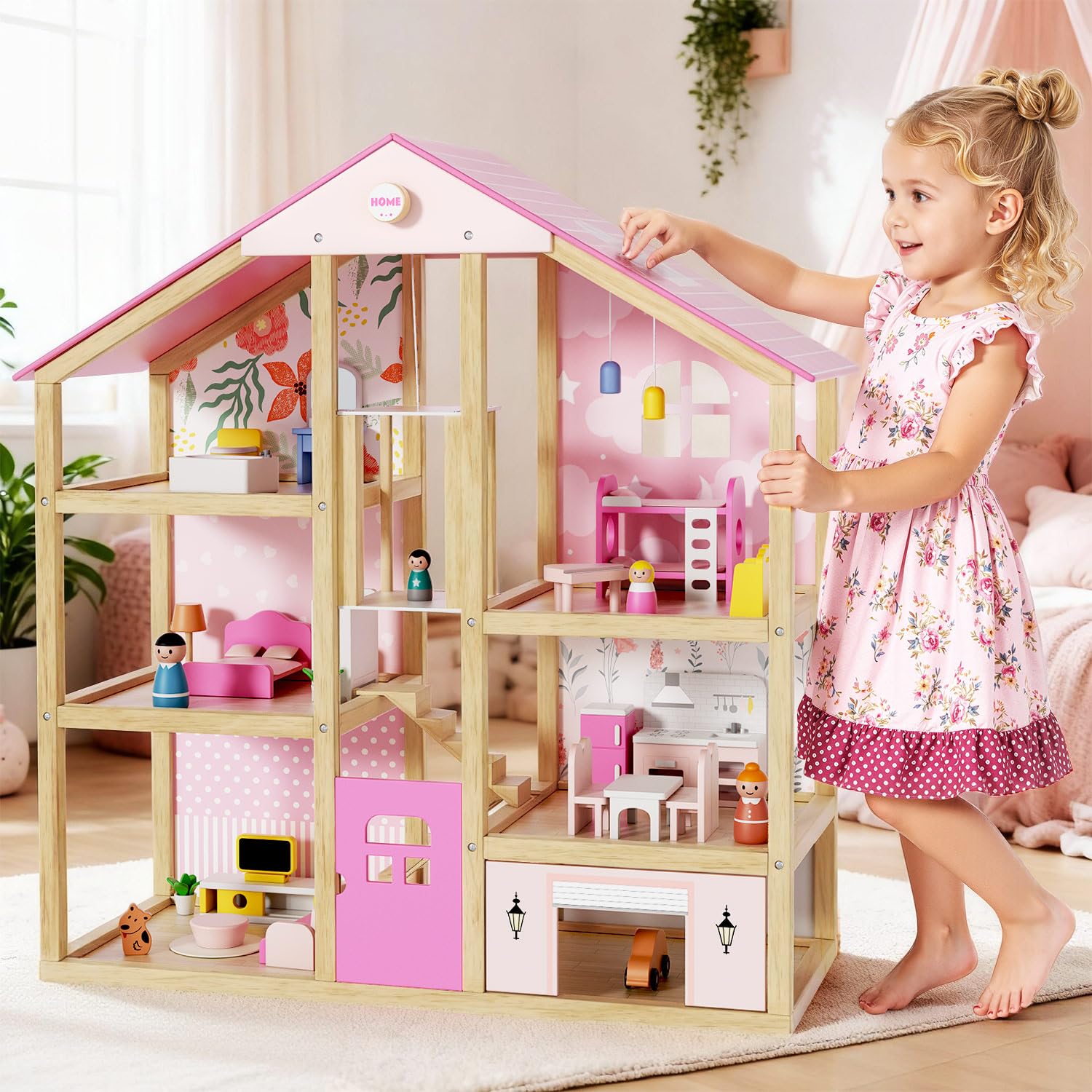 Amazon.com: BIERUM Wooden Dollhouse for Girls, Large Pink Wooden