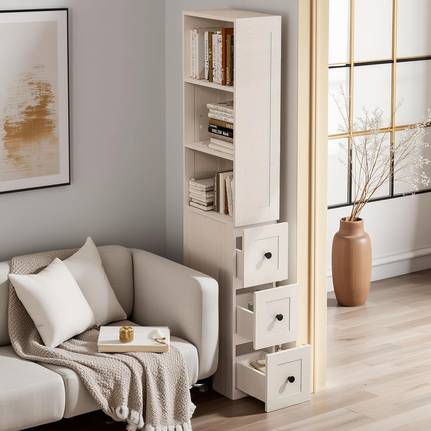 LAUSAINT HOME Tall Bathroom Storage Cabinet, Anti-Tipping Narrow Floor Cabinet with 2 Adjustable Shelves & 3-Level Drawers for Small Space, Home, Bathroom, Kitchen, Laundry (White)