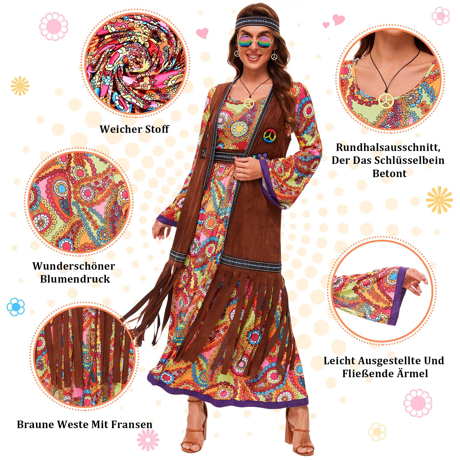 JONRRYIN 60er Jahre Kostüm Damen, Hippie Kleidung Damen Kostüm, 70er Disco Halloween Outfits, Hippie Damen Kleid Set für Karneval Party, 60er Jahre Bekleidung Accessoires