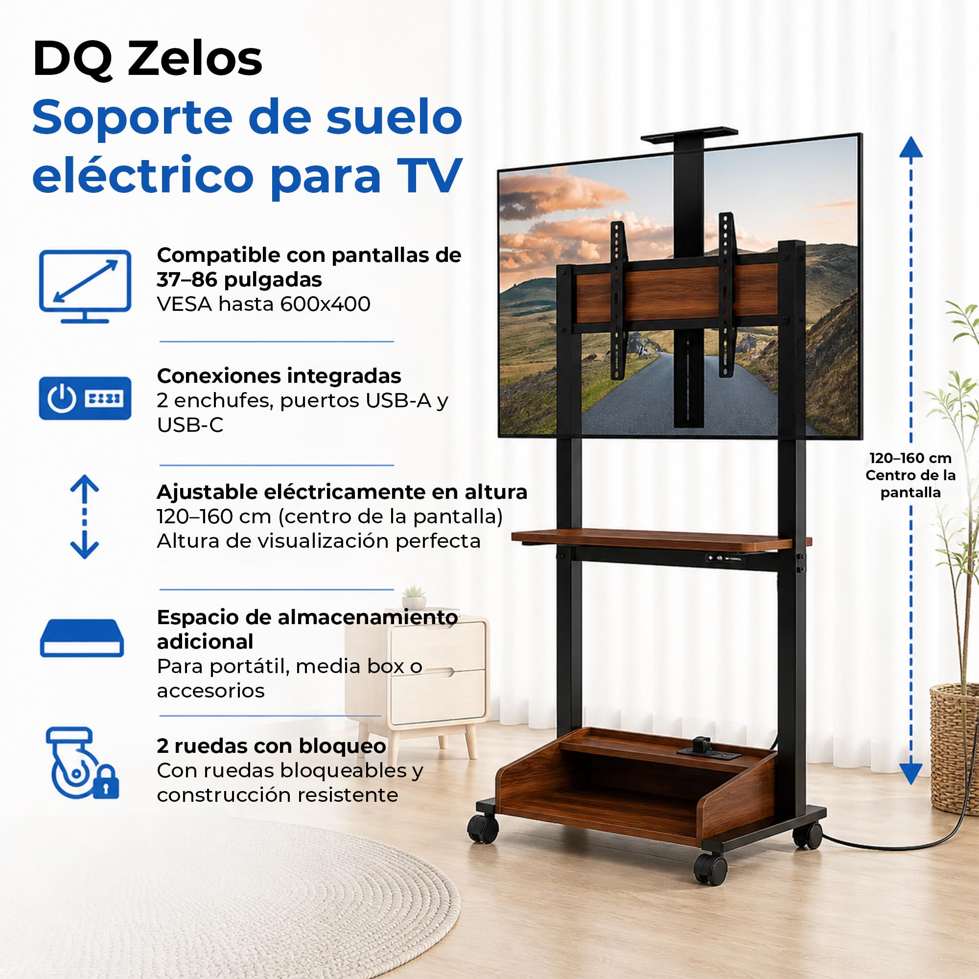 DQ TV Elevador Zelos eléctrico para TV de 37 a 85 Pulgadas Soporte de Enrollable, regulación de Altura Mediante Mando motorizado de Carga hasta 70 kg, 3 estantes y regleta de enchufes, Nogal Negro
