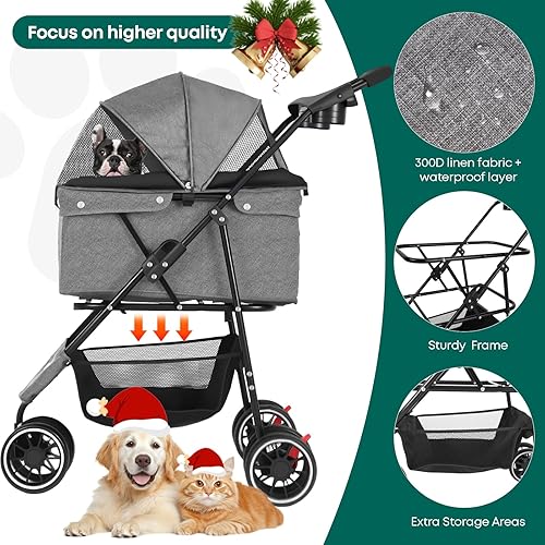 Miniatura 3 de Cochecito para mascotas, cochecito para perros pequeños y medianos, gatos, 3 ruedas, plegable, con toldo de malla transpirable, portavasos, fácil