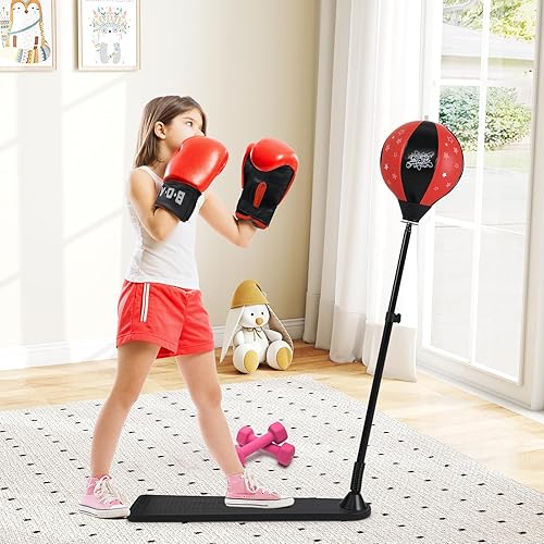 Miniatura 9 de Goplus Saco de boxeo para niños, soporte de boxeo ajustable en altura con guantes para niños y niñas a partir de 8 años, juego de juguetes de boxeo