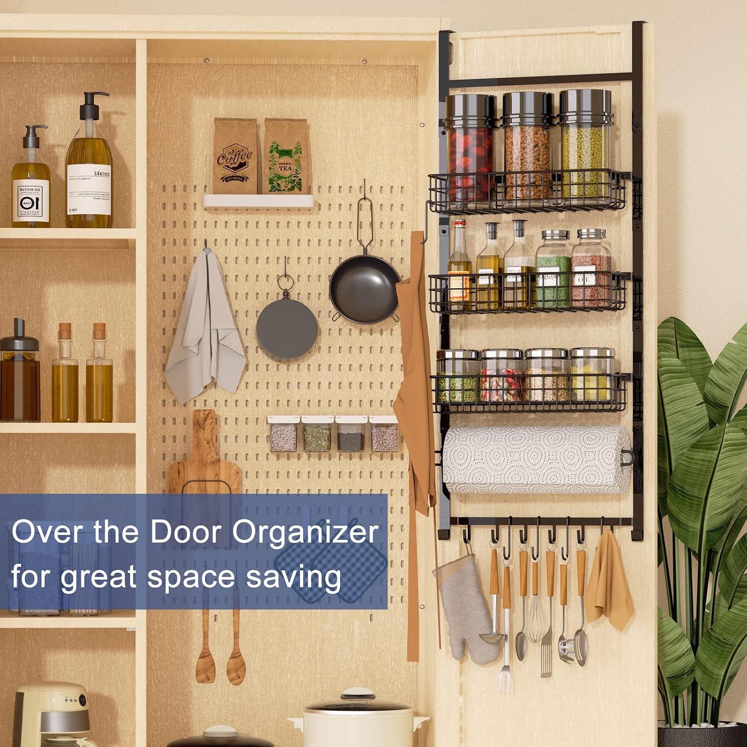 X-cosrack Over Door Spice Rack with 18 Hooks, Spice Rack Organizer with Napkin Holder, Door Hanging or Wall Mounted, Organizer Rack for Spice, Food Pantry, Kitchen, Bathroom, Black