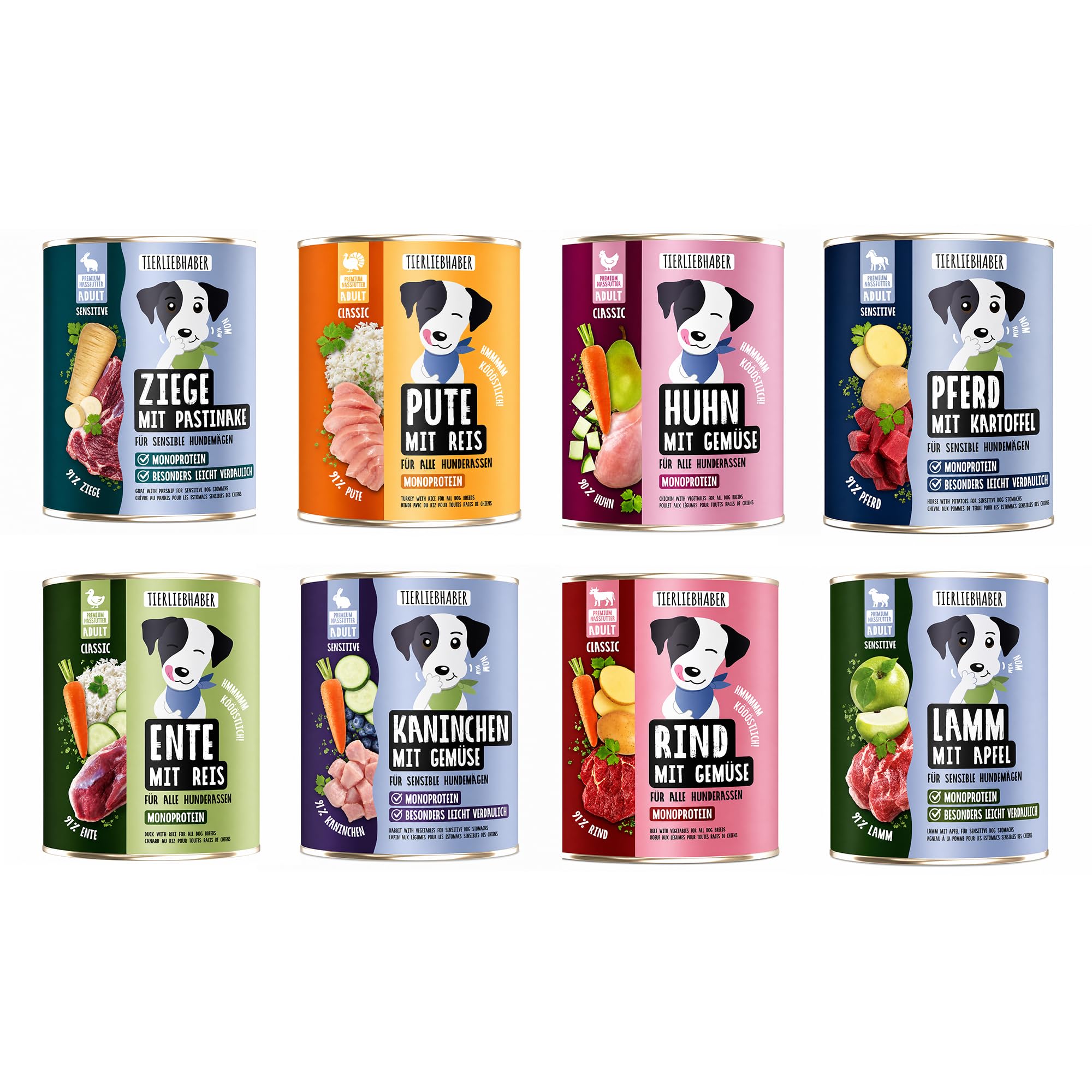 Hundefutter Nass 800g Probierpaket 8 Sorten – Hunde Nassfutter Wet Dog Food | Tierärztlich entwickeltes Hundenassfutter 800g Dosen mit hohem Fleischanteil – Leicht verdaulich von TIERLIEBHABER