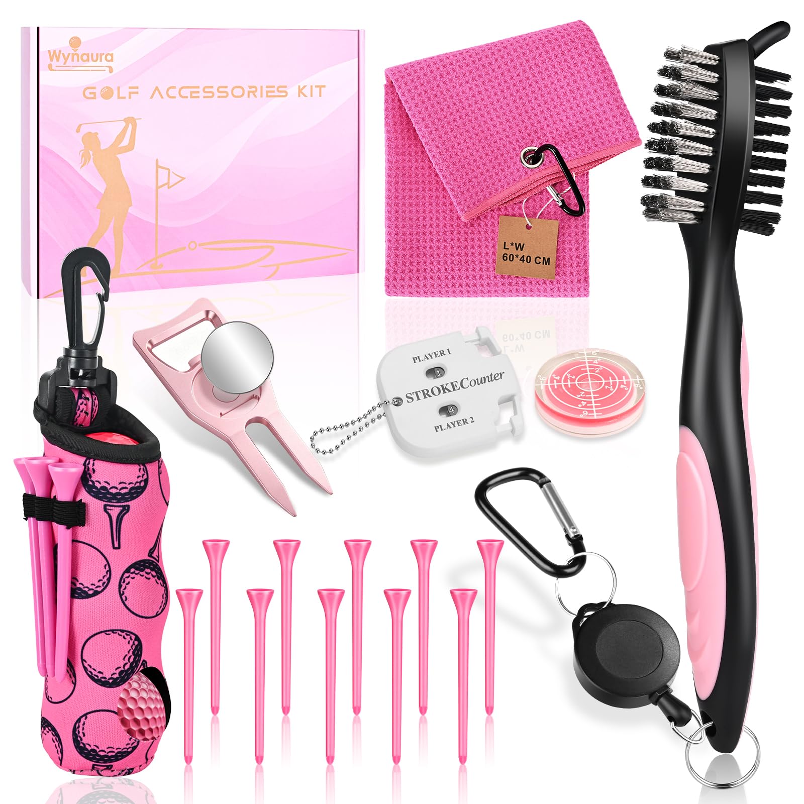Wynaura 17 Pcs Golf Accessories Kit, Includes Cleaner Brush, Towel, Plastic Tees, Golf Ball Bag with Hook, Ball Marker Divot Tool, Score Counter, Essentials Kit for Women Man Gifts(Hot Pink)