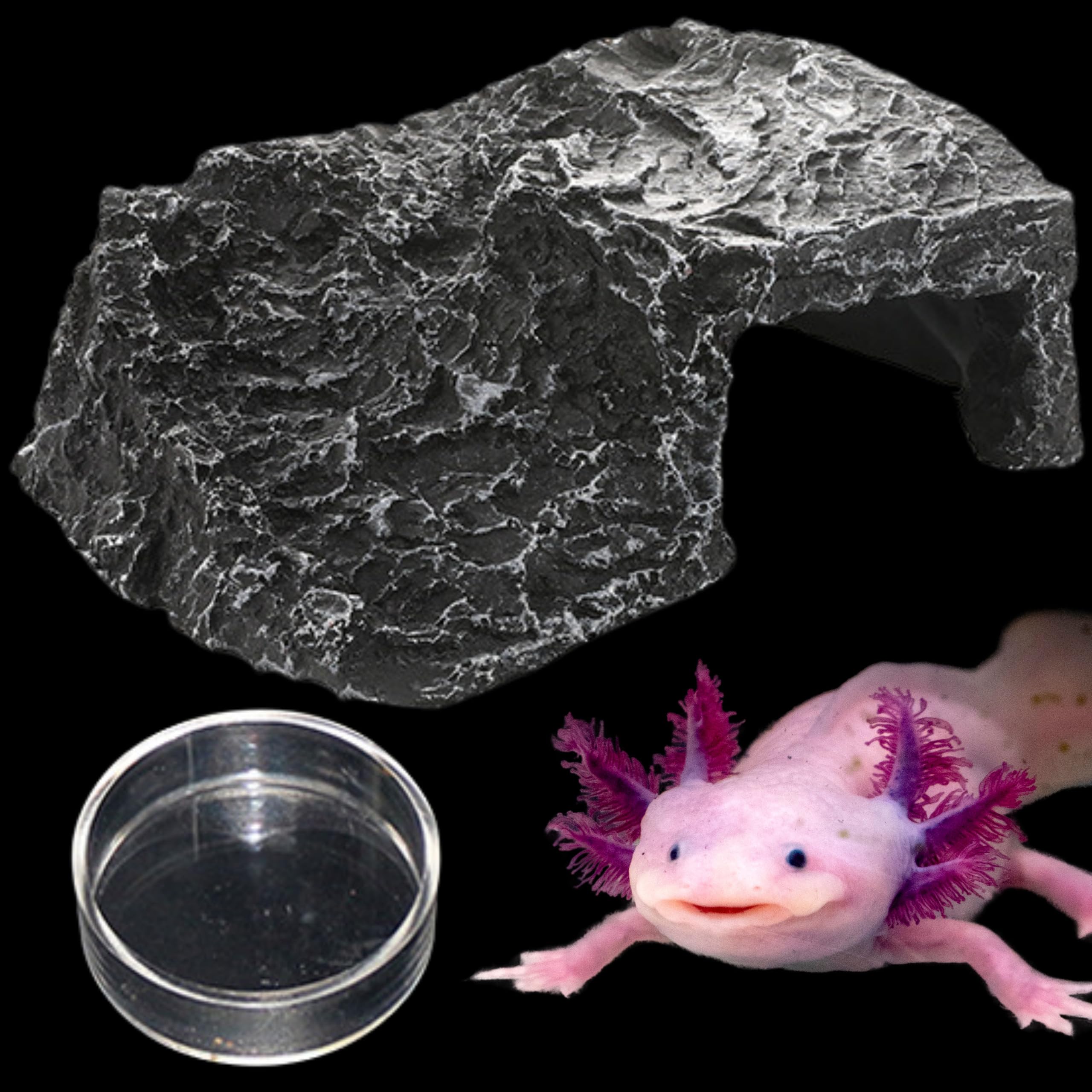 Axolotl Hide with Fish Feeding Dish Set, Axolotl Hideout for Aquariums, Bowl and Aquarium Hides for Axolotls Reptile Tortoise Fish, Hides for Tank, Turtle Tanks Decorations (Rock, M)