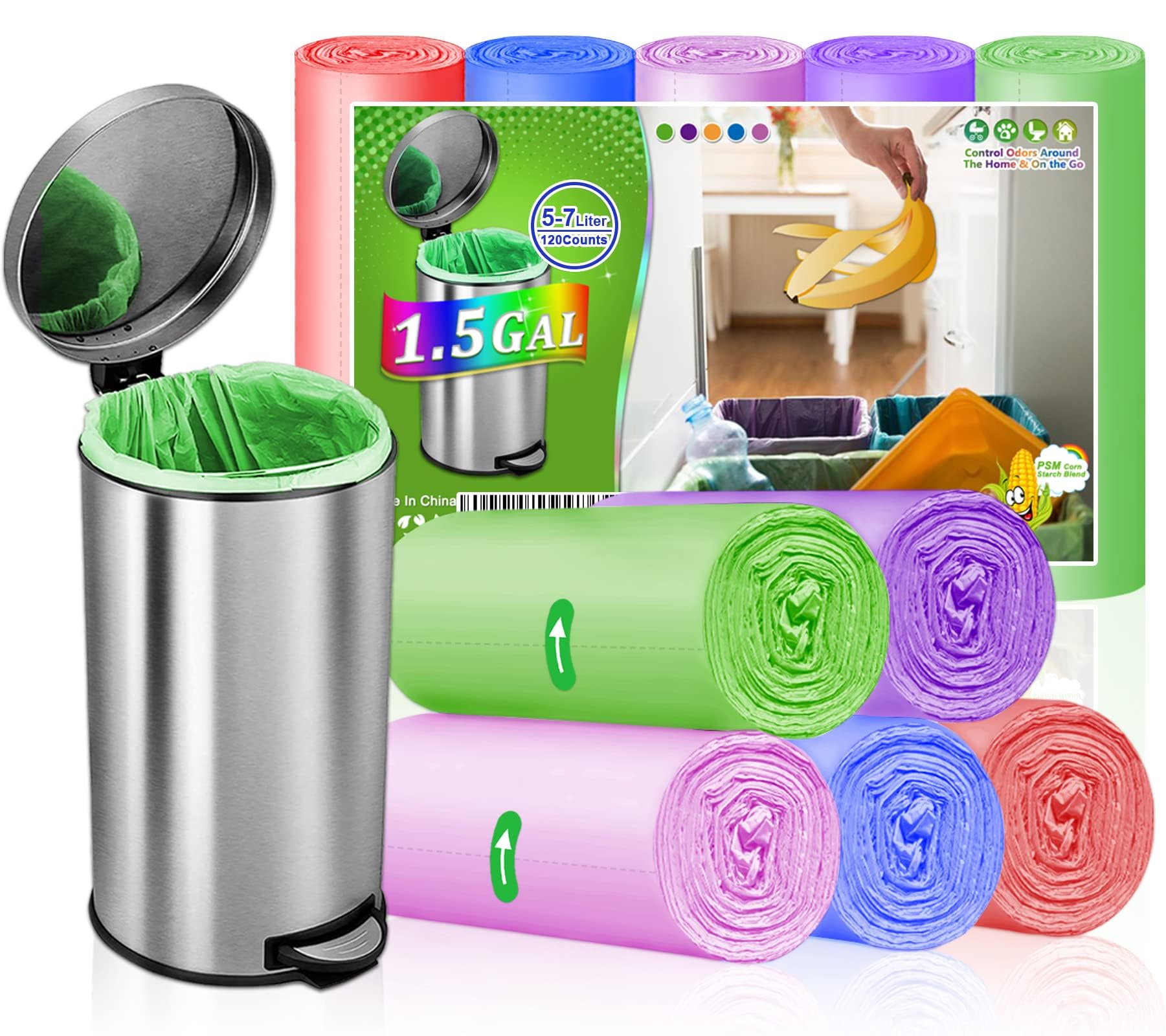 1.5 Gallon Trash Bags Small Bathroom Garbage Bags, Unscented Wastebasket Liners, Strong Kitchen Garbage Bags Colorful Bin Bags for Office, Bedroom,Living Room (5Liter, 120 Counts)-image-20