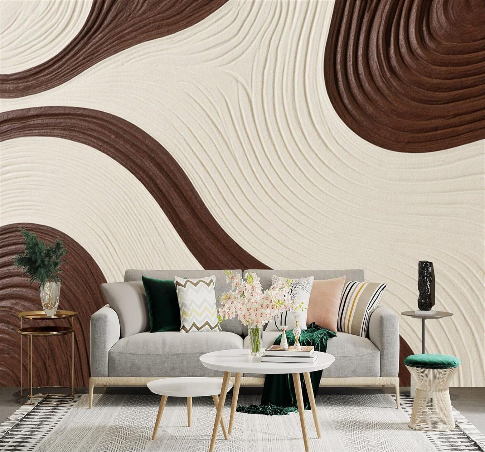 Xlming 350Cm×256Cm(B×H) Abstract Minimalist Brown Beige Wavy Pattern 3D Wallpaper Silky Texture Home Study Office Grey Dining Room Sofa Bedroom Living Room Tv Backdrop-350Cm×256Cm