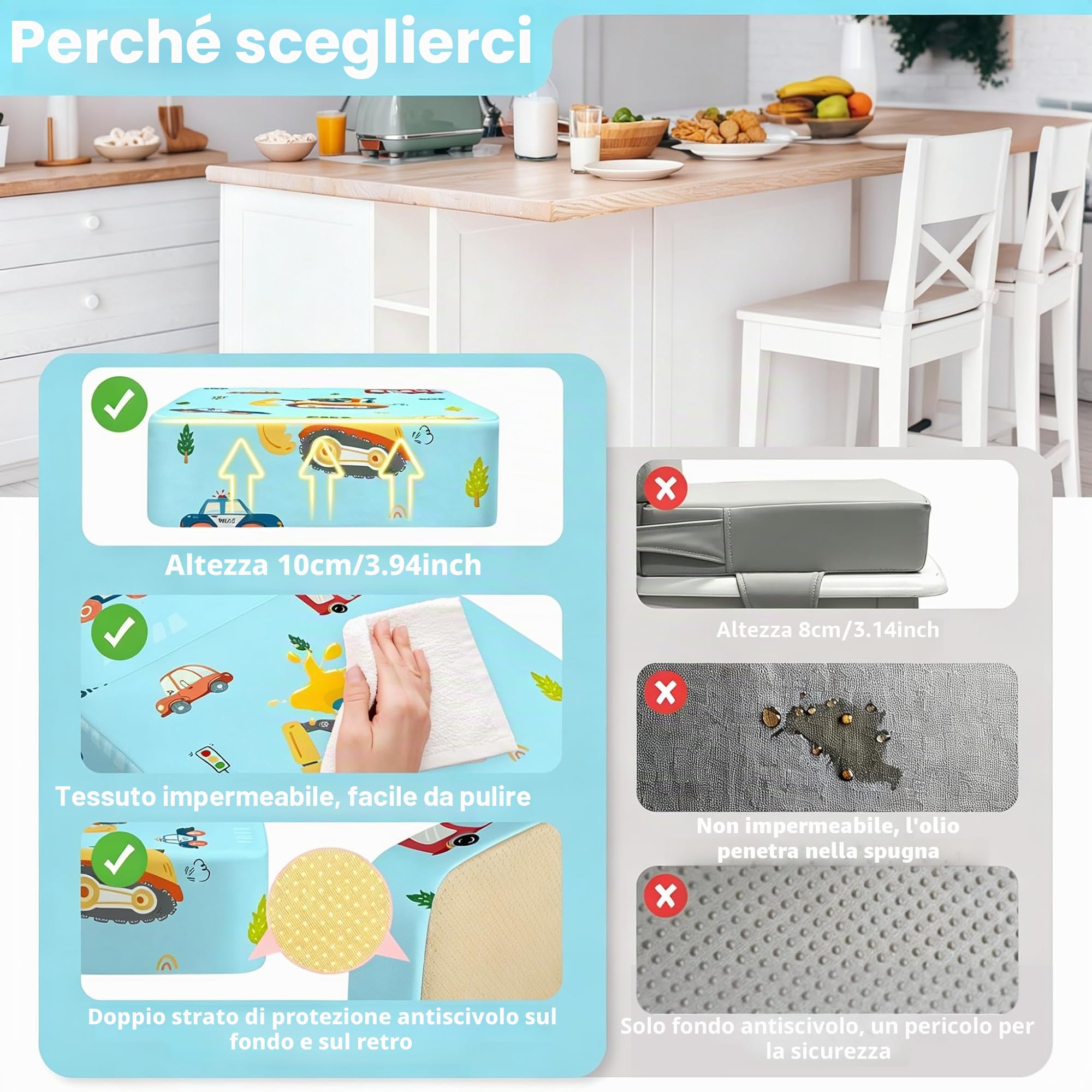Rialzo Sedia per Bambini 2 Pezzi, PU Portatile Alzasedia da Tavolo, Cuscino Sedia con Cinghie Regolabili, 36x32x10cm, Escavatore