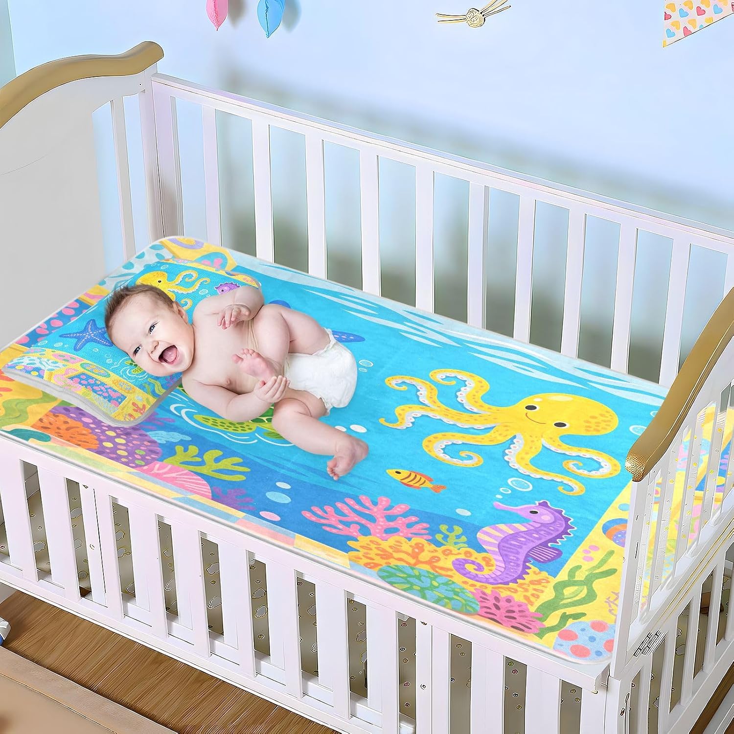 Cooling Baby Mattress 28" x 52" Washable Under Sea Animal Seahorse Turtle Pads for Bed, Washable for Kids, Adults