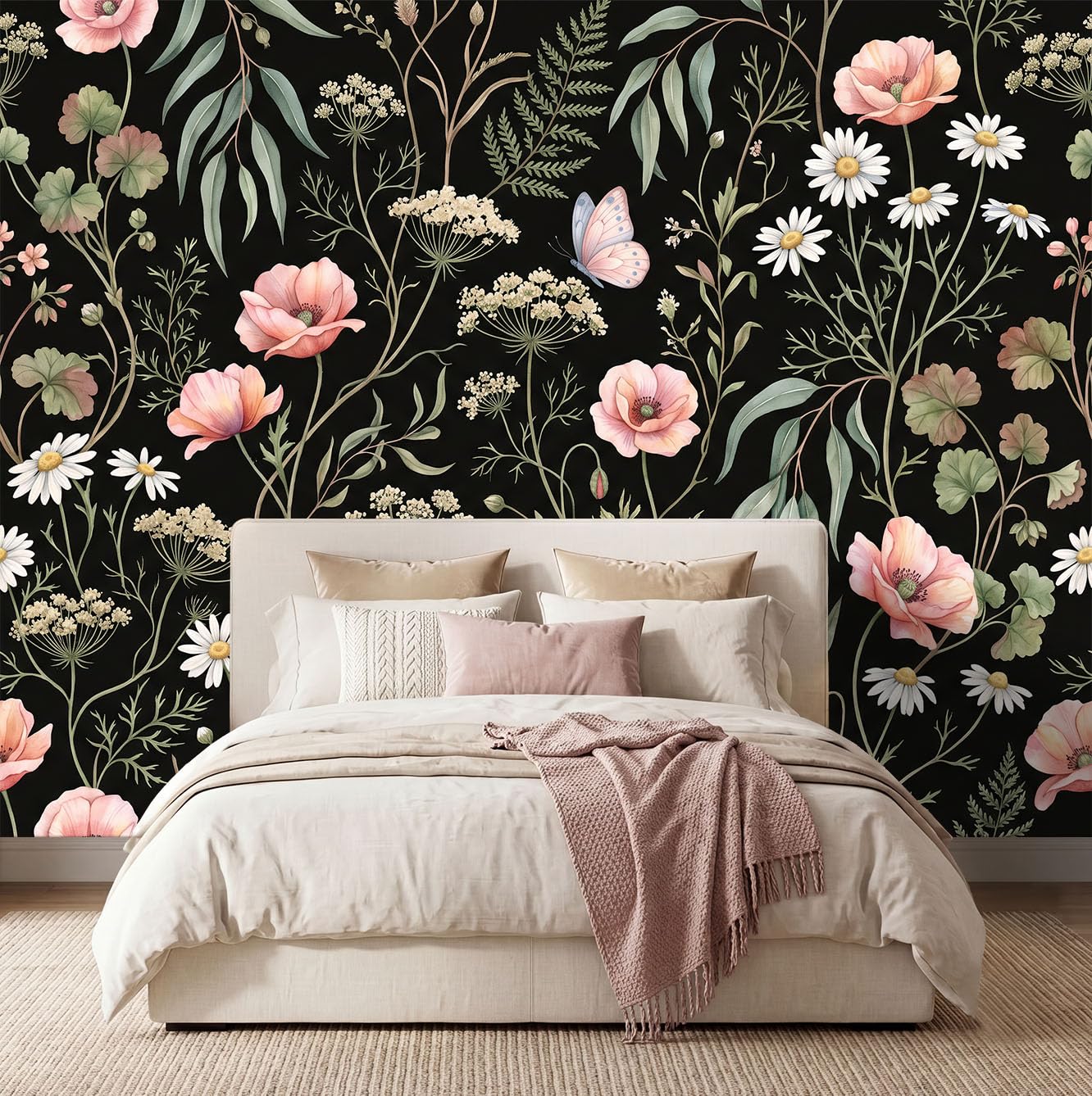 Natur LandhausWald Panorama Fototapete 200 x 140 cm, Mohnblumen Gänseblümchen Eukalyptusblätter Geranien Vlies Tapeten Wandtapete, Schwarz Wandbilder Tapete für Wohnzimmer Schlafzimmer Apartment Flur