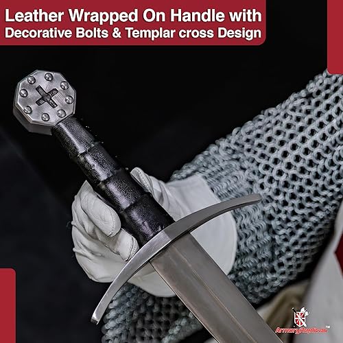 Miniatura 6 de s - Réplica de espada templaria medieval  Hoja de acero al carbono de 37 pulgadas con pomo octogonal, empuñadura y vaina envuelta en cuero genuino,