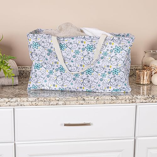 Miniatura 2 de Household Essentials 2244 Krush - Bolsa de lona reutilizable para comestibles y lavandería, color blanco con diseño floral, 22 pulgadas de largo x