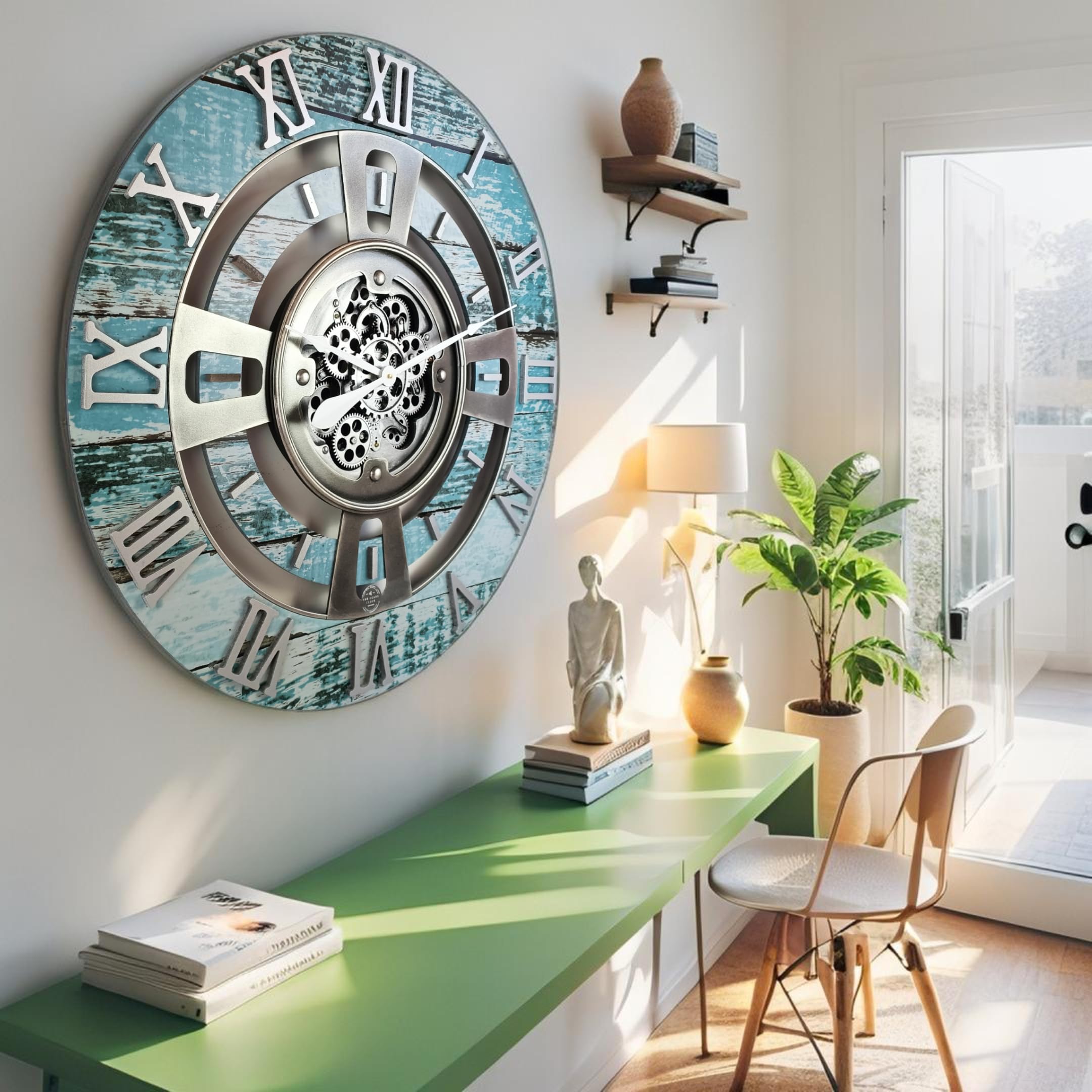 ImprovingLife The Gears Clock Real Moving Gear Wanduhr England Line (Aqua Green, 60 cm)
