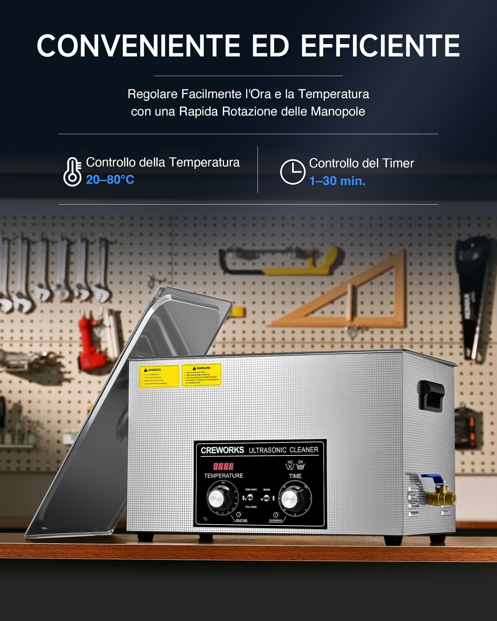 CREWORKS 30L Vasca Ultrasuoni in Acciaio Inossidabile con Riscaldatore e Timer 600W Pulitore Ultrasuoni Industriale con Modalità Degas e Delicata per Casa Laboratorio Utensili